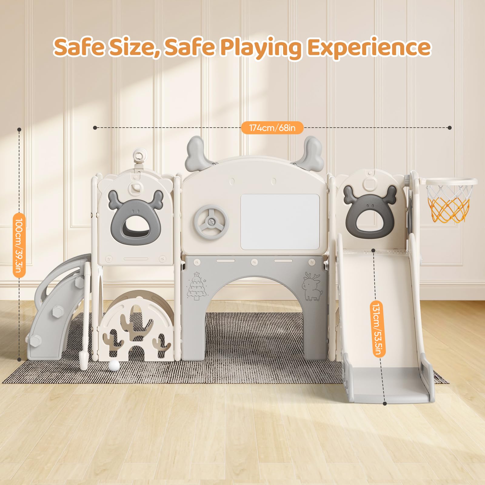 Krovtoy Scivolo per bambini 7 in 1, a tema alce natalizio con set da golf, scivolo per bambini da 1 a 3 anni (Alce- Beige grigio 7 in 1)