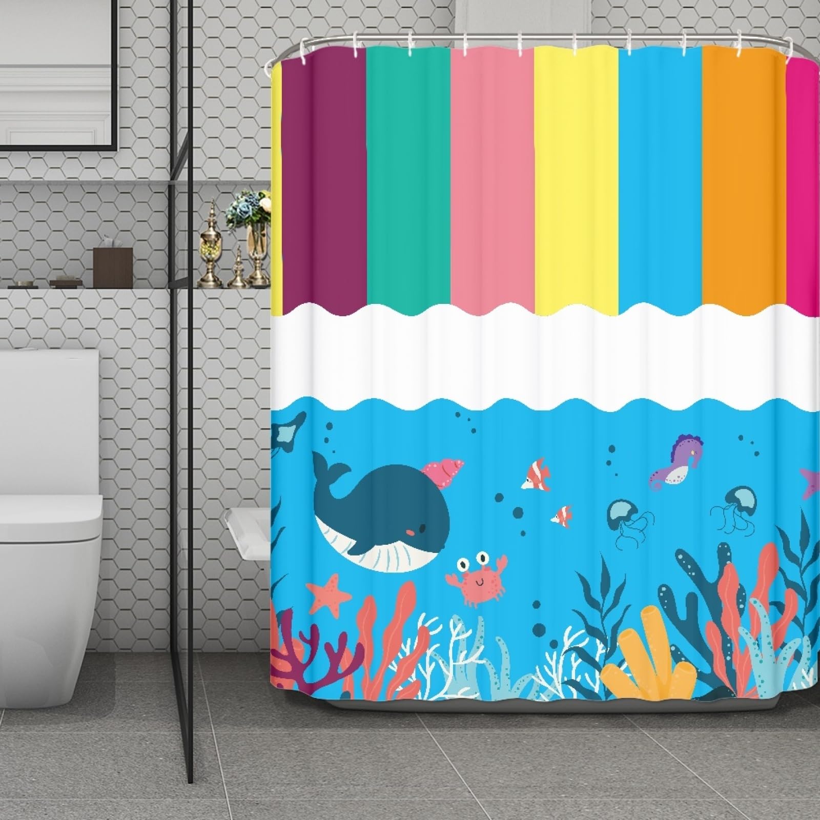 Rideau de douche fond marin bleu 180x220 pour transformer la salle de bain en spa