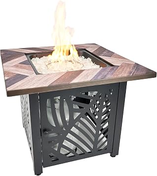 Endless Summer, Darby, 30" Square Outdoor Propane Fire Pit Table | UV-printed faux wood mantel, durable stamped steel base, and 50,000 BTU burner for warmth and ambiance.