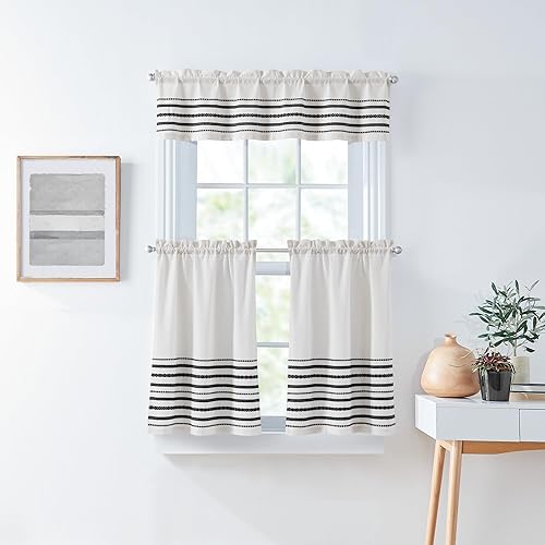 Curtainworks Juego de cortinas bohemias de cocina con cenefa y cortinas de cocina, filtro de luz, rayas tejidas globales, par de niveles de 28