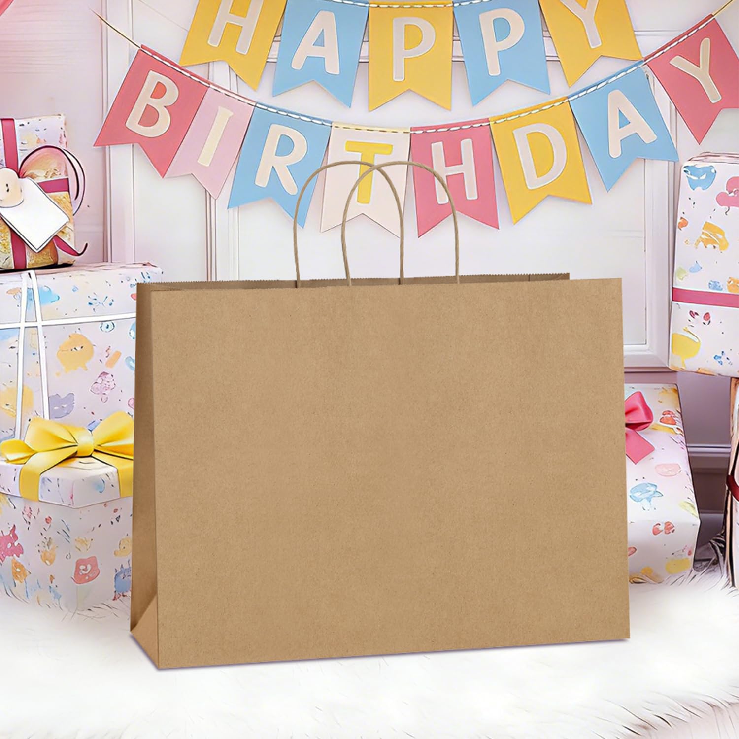 50 sztuk torebek prezentowych XL z uchwytami, torby do przechowywania, na urodziny, wesela, Dzień Matki, zakupy, DIY, duże 40,6 x 15 x 30,5 cm, brązowe, luzem, 50 sztuk