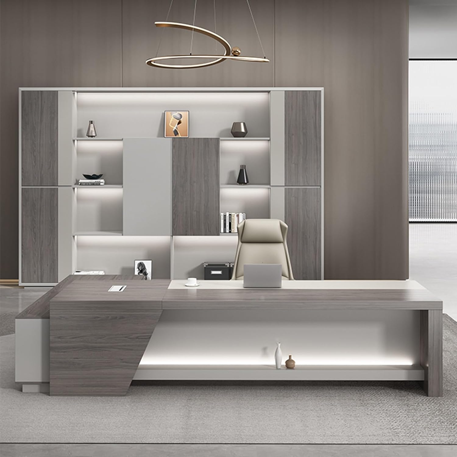 Grey L Shaped Computer Desk Executive Office Desk Computer Desk with Lateral Cabinet Writing Study Table Business Furniture Set for Home Office