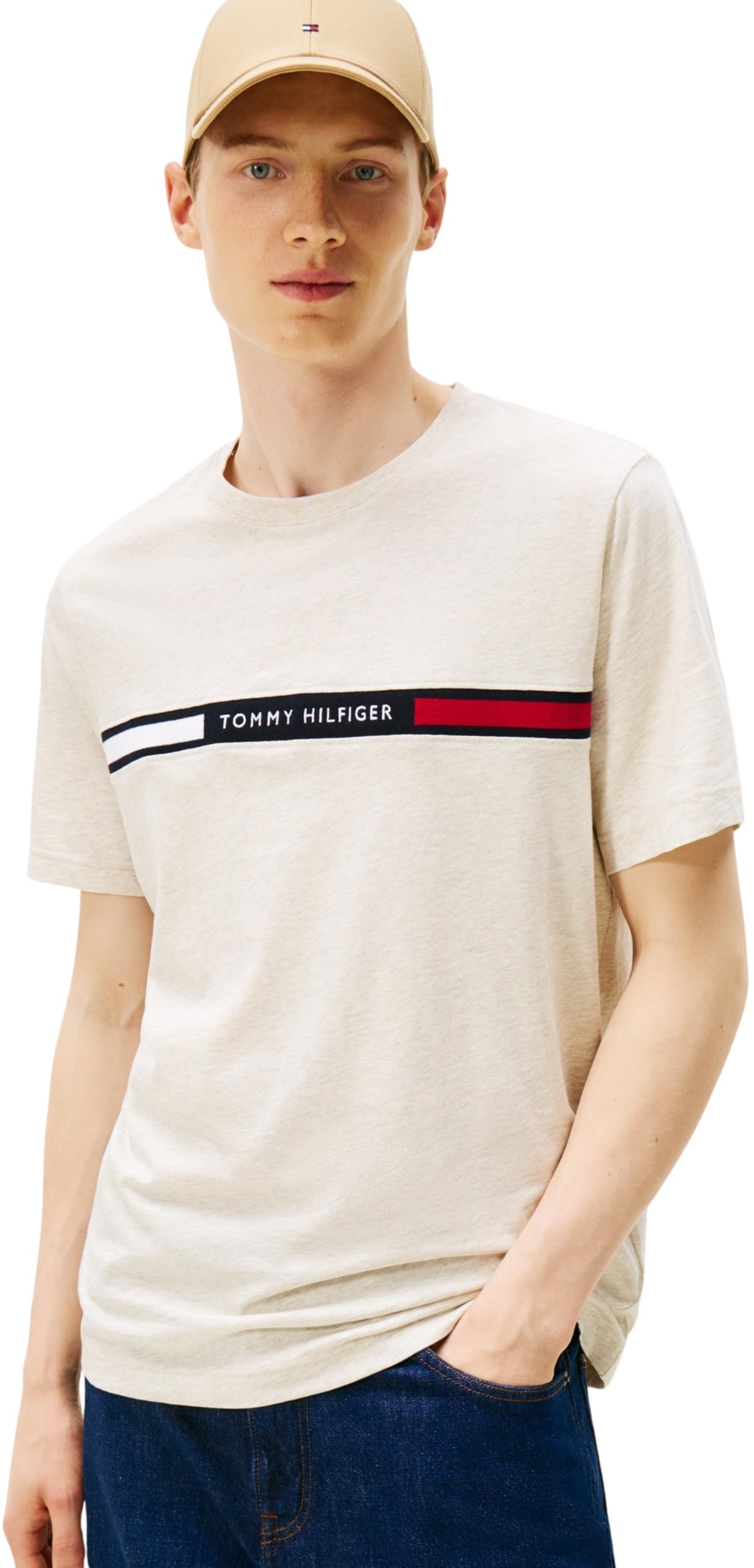 Tommy Hilfiger Herren T-Shirt Kurzarm Rundhalsausschnitt, Beige (Heathered Oatmilk), XXL