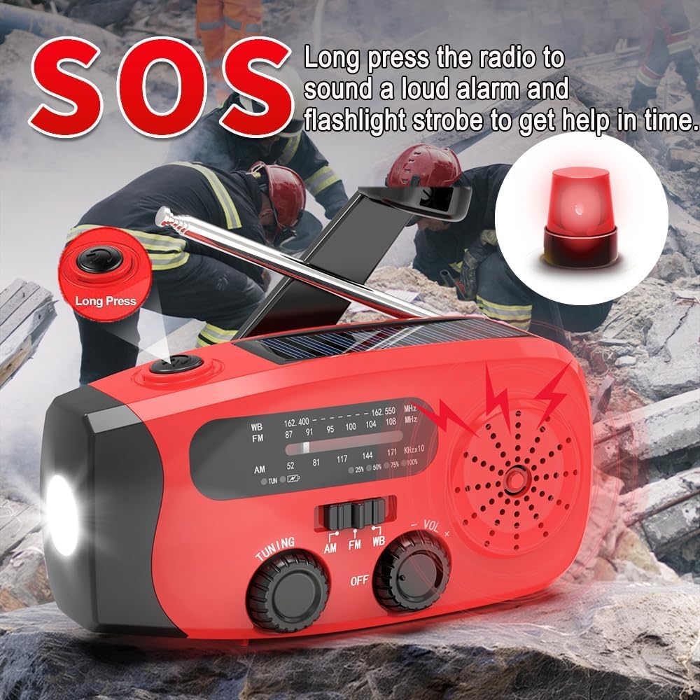 Radio Solare a Carica Manuale AM/FM Portatile con Torcia LED e Power Bank 2000mAh