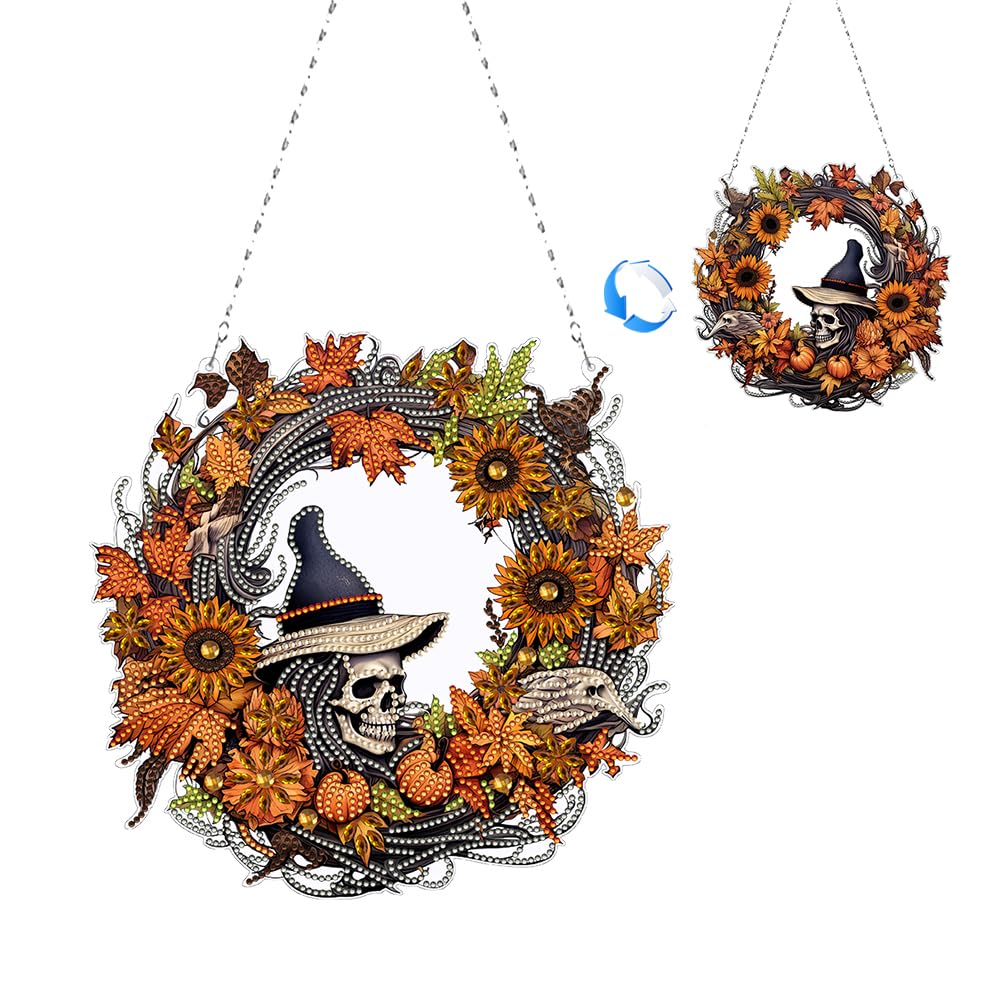 RuiDay 5D DIY Diamond Art Wreath Ornament, Halloween Hanging Wreath Diamond, Diamond Painting Kit for Adults, Diamond Art Painting Garland Kit for Halloween (Skeleton-B)