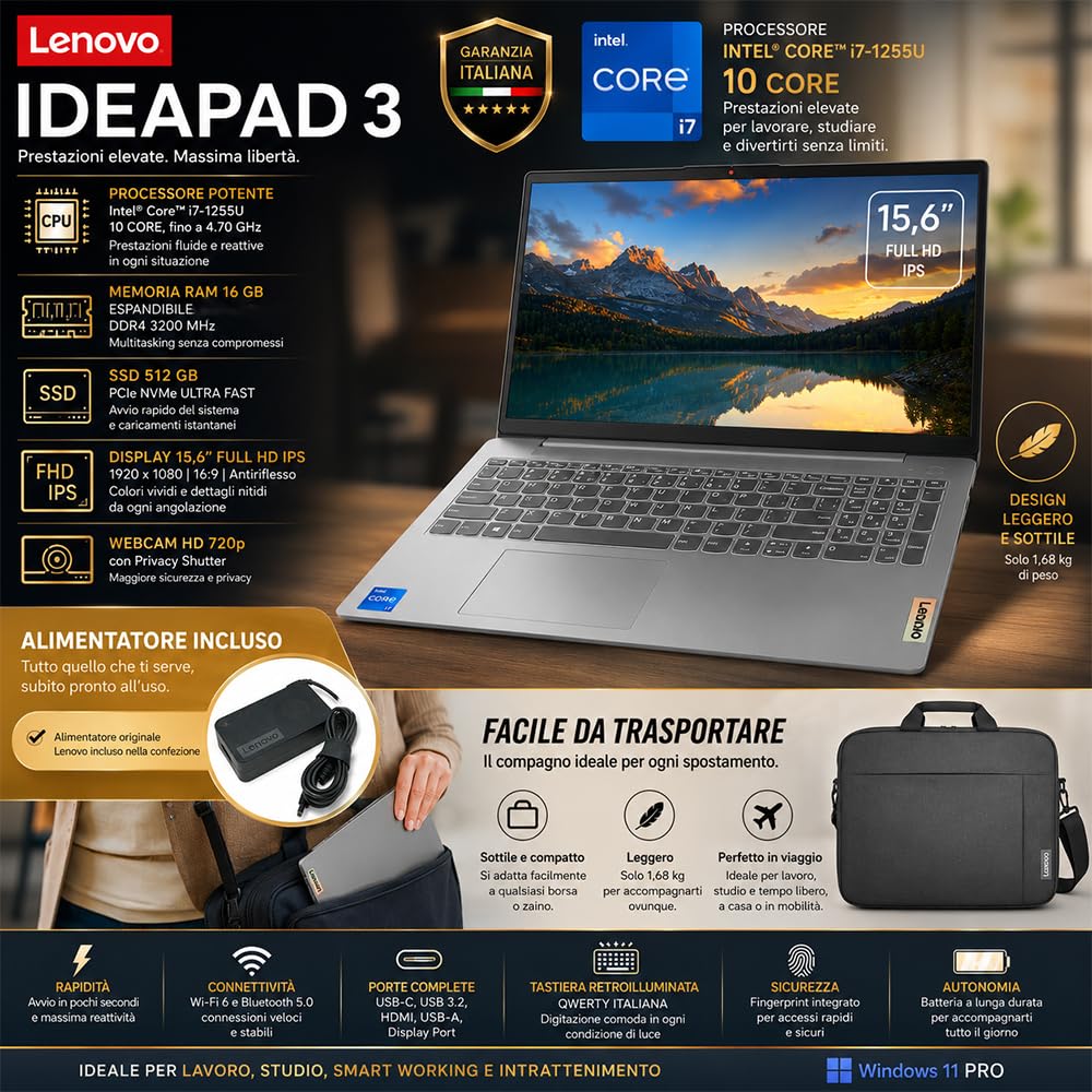Lenovo Notebook PC Portatile i7 1255U 10Core 16GB RAM 15,6" Full HD | Antiriflesso, SSD PCI 512GB, Wi-Fi6, Tastiera Retroilluminata, Fingerprint, Pronto all'uso
