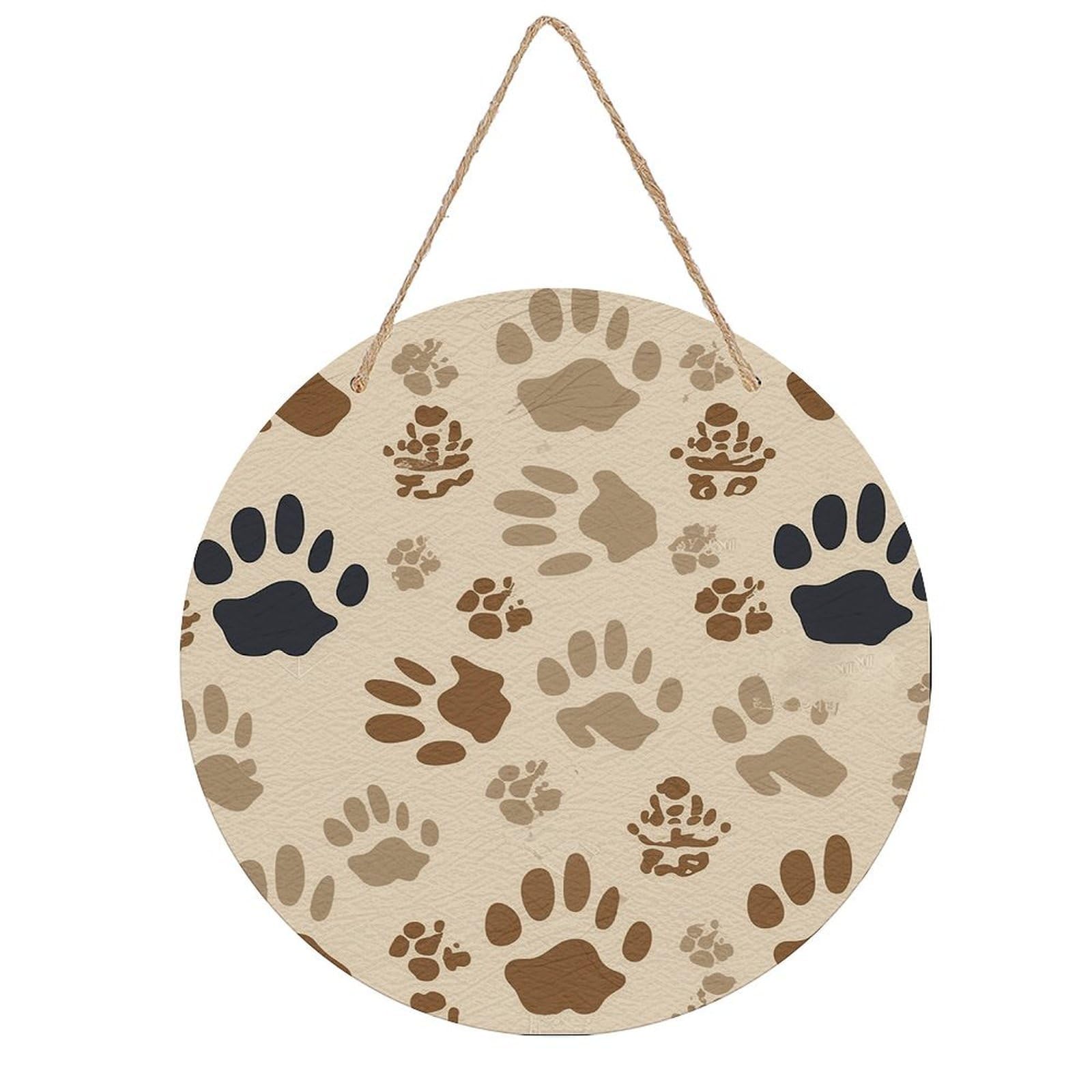 FekiLoot Bone And Paw Print Wall Art Decor Round Wood Hanging Sign Decoration Wooden Circle Door Sign Round Hanging Decorative Wood Plaque Door Hanger for Home Outdoor Indoor Decoration