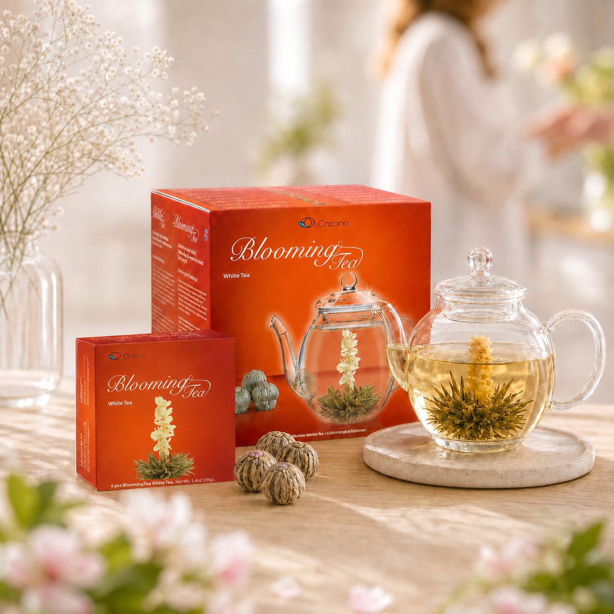 Creano Coffret „Thé en Floraison“ 6 thés de fleurs – Théière en verre 500ml sans goutte – 6 variétés de thé blanc – Idée cadeau exceptionnelle – Verre borosilicate