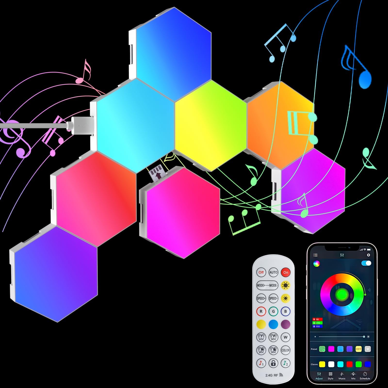 PUMPKINS Hexagon LED Lights, 8 Pack RGB Hex Light Panels, Smart Wall Gaming Panels Sync to Music for Room Bar Bedroom Home Decor Room, With App & Remote Control, White