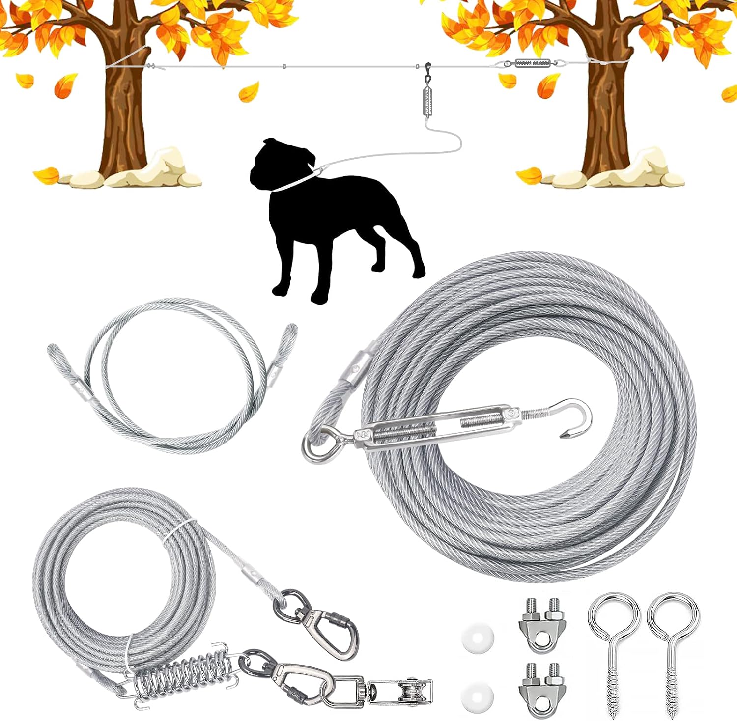 50ft Dog Tie Out Cable+3ft Trolley Rope+9 Metal Accessories for Dogs,Walking Running Cable for Pets Up to 200lbs,Strong Dog Leash for…
