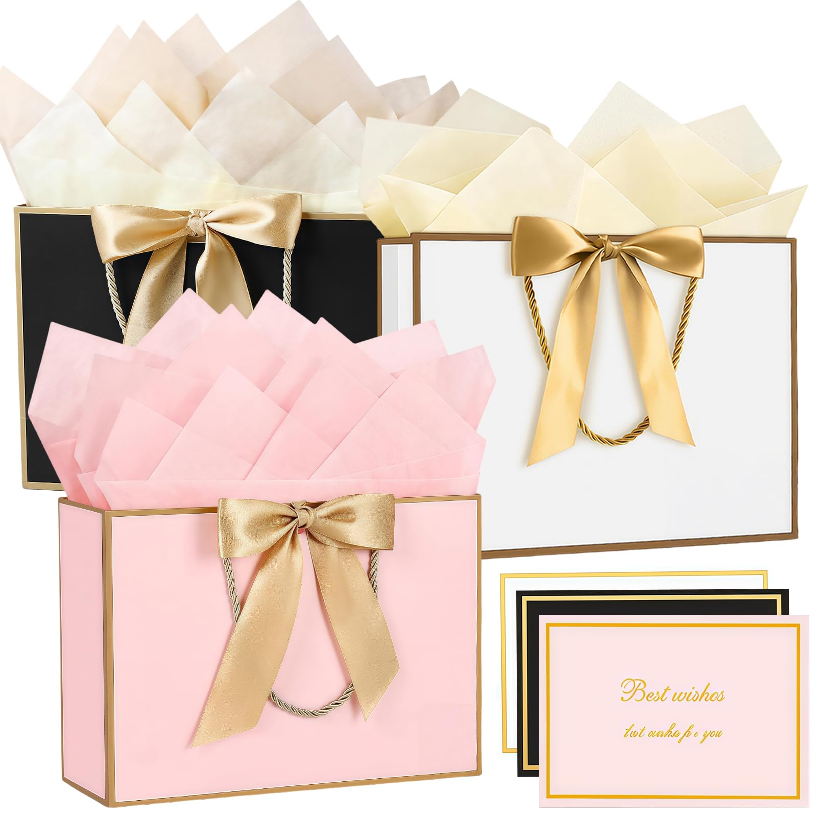 3 Pack Medium Gift Bags with Tissue Paper and Cards, White Pink and Black Gold Border Paper Present Bags with Handles for Birthday Wedding Bridesmaid G-ifts, 28 x 20 x 10 cm