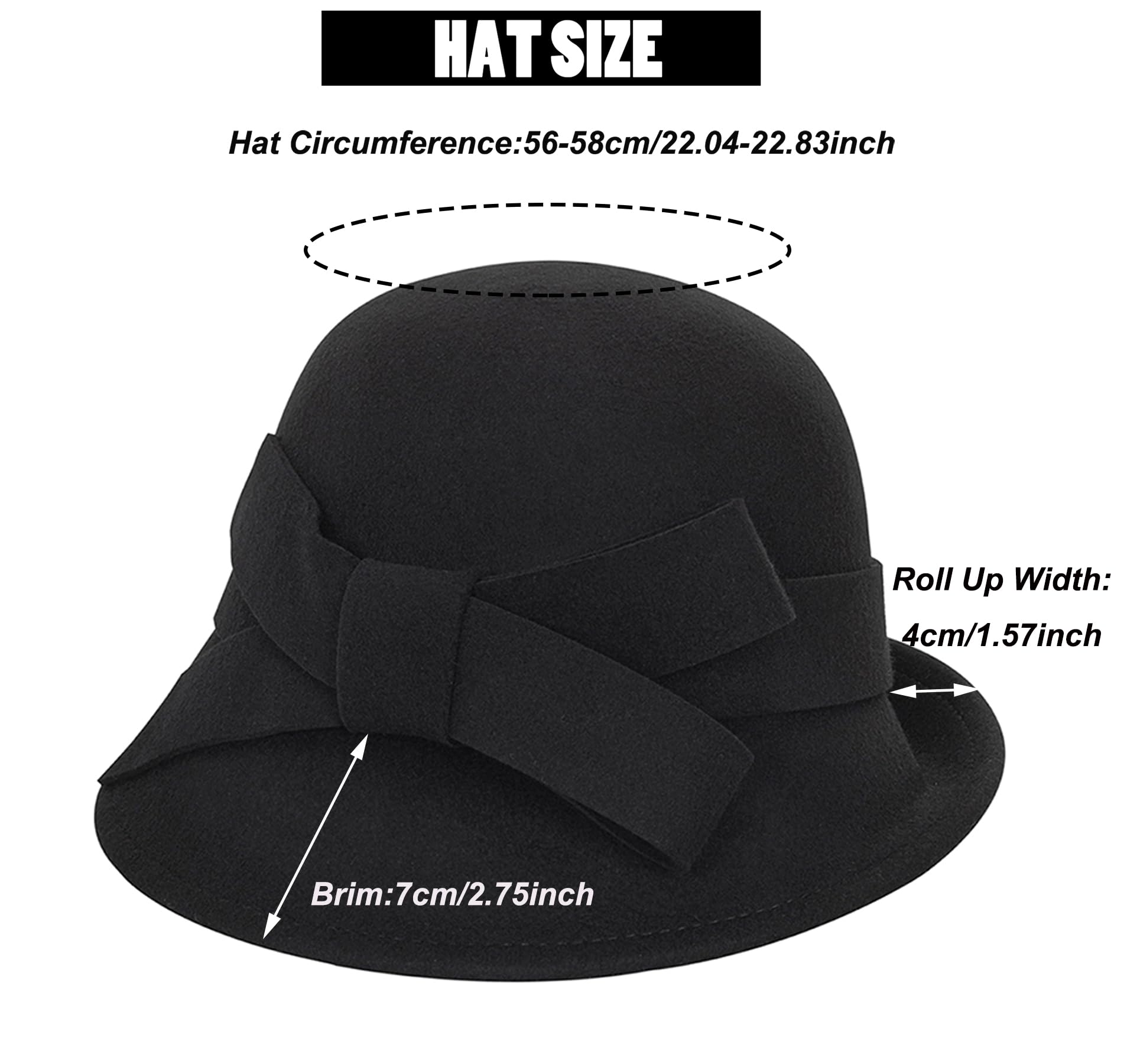 Damenhut im Stil der 1920er Jahre, Wollmütze, Kirchenhut, Gatsby, Wintermütze, Filzmütze, Vintage-Mütze, Bowler-Hut mit Schleife (M/L)