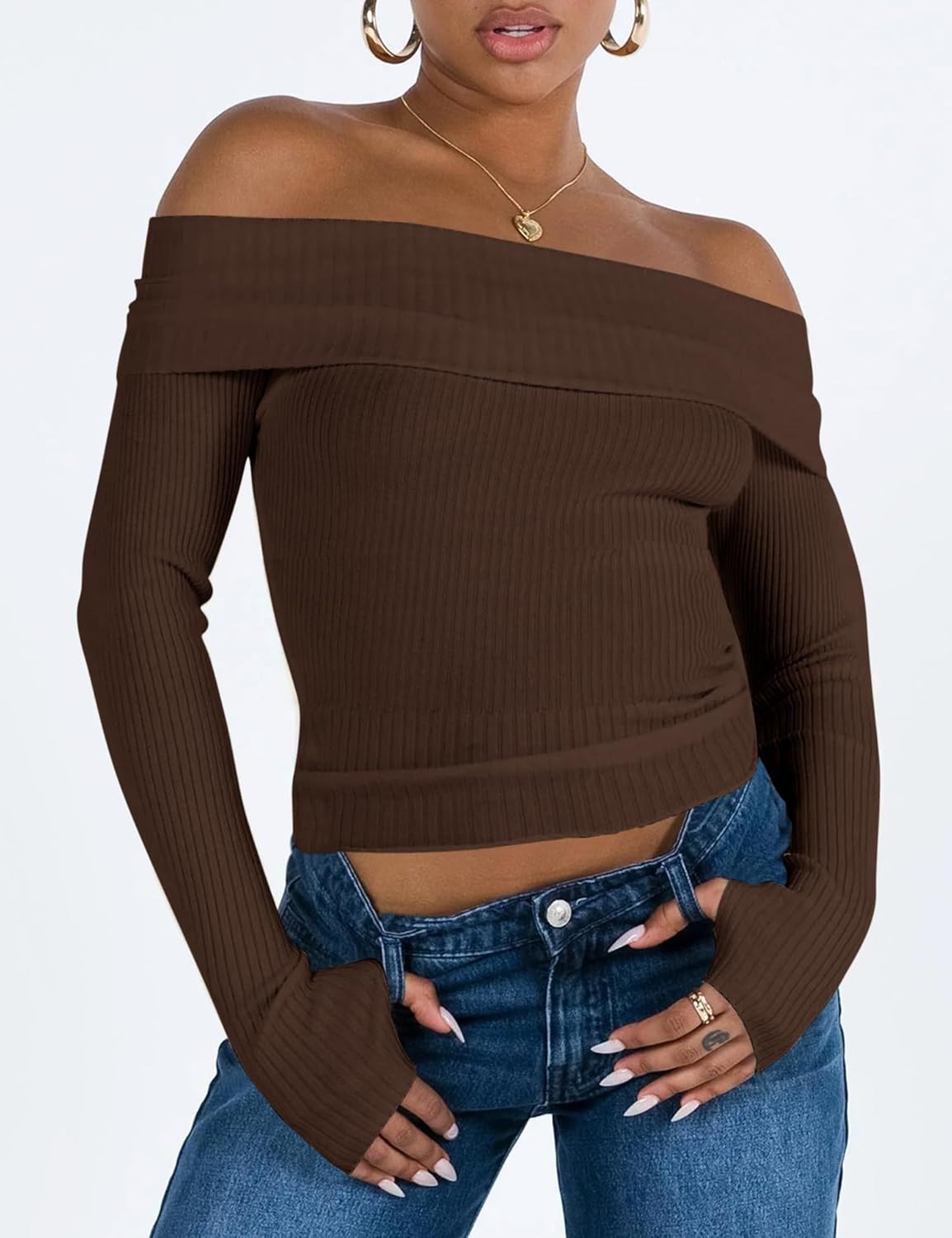Off The Shoulder Sweater for Women Long Sleeve Pullover Ribbed Knit Going Out Thumbhole Tops 2025 Fall Sexy Outfits - Image 2
