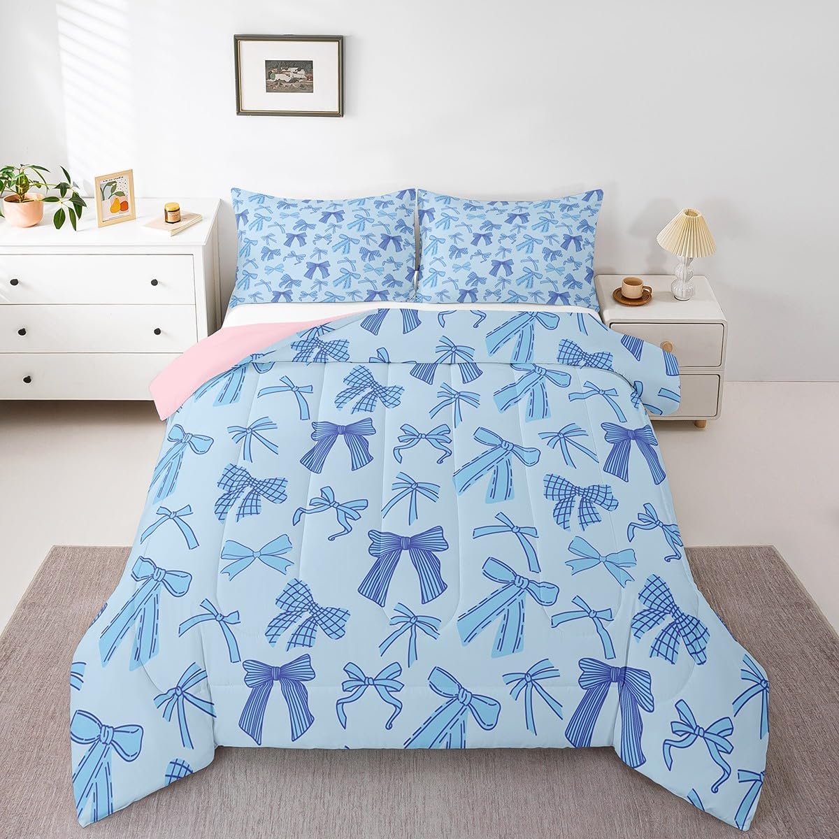Erosebridal Pink Bowknot Kids Comforter Set Toddler Size, Dreamy Princess Style Bedding Set Cartoon Bow Tie Kawaii Duvet Insert for Girls Boys Children Women, Cartoon Bow Knot Quilt, Lightweight