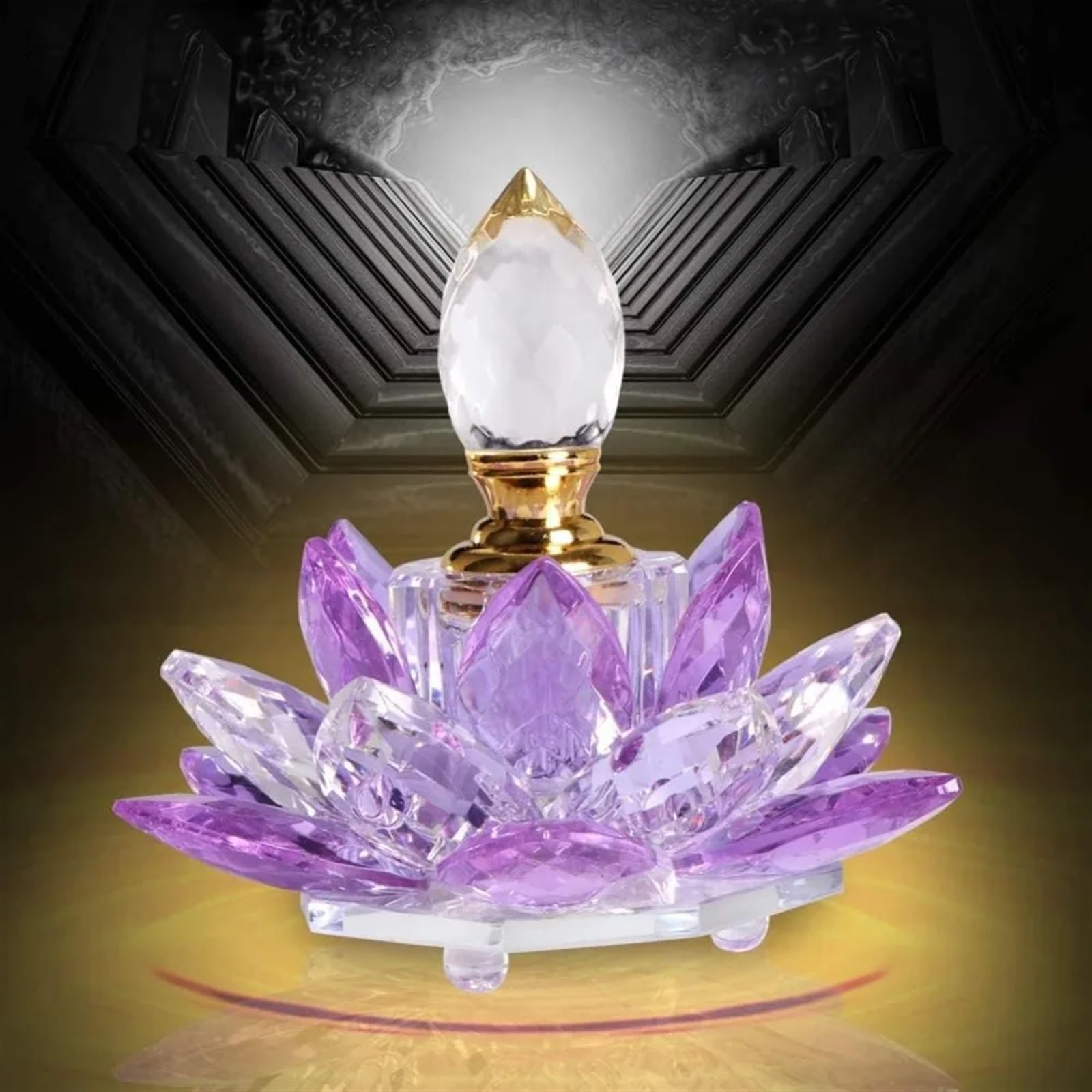 Antyczna butelka perfum, zabytkowa, napełnialna, kryształowa, fioletowa, pusta, kwiat lotosu, szklane figurki, prezent dla jej dziewczyny, żony, dekoracja domu