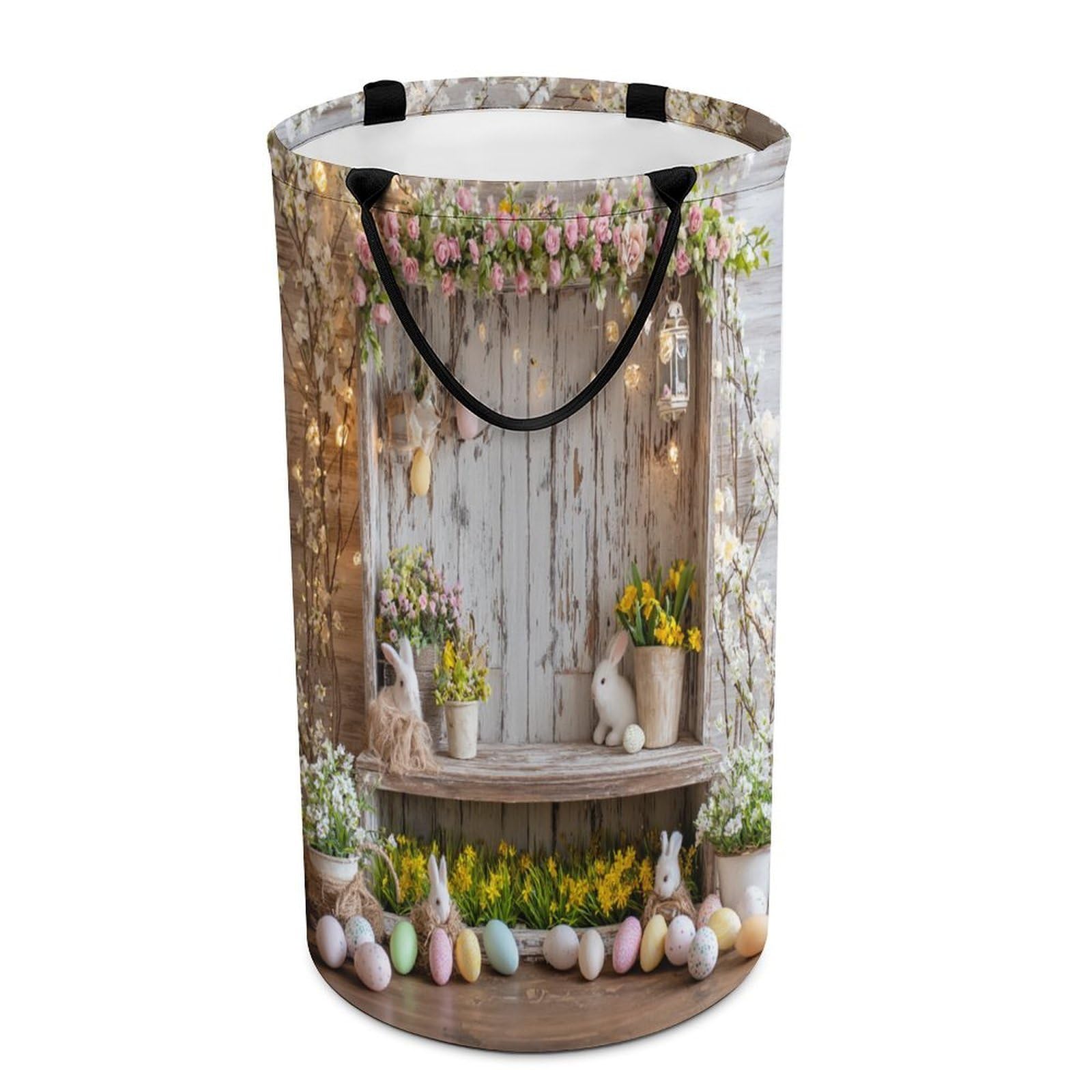 LUYYSKY Beautiful Retro Animals Rabbits Collapsible Dirty Clothes Basket, Rustic Realistic Spring Easter Colorful Eggs Animals Bunny Portable Clothes Storage Basket