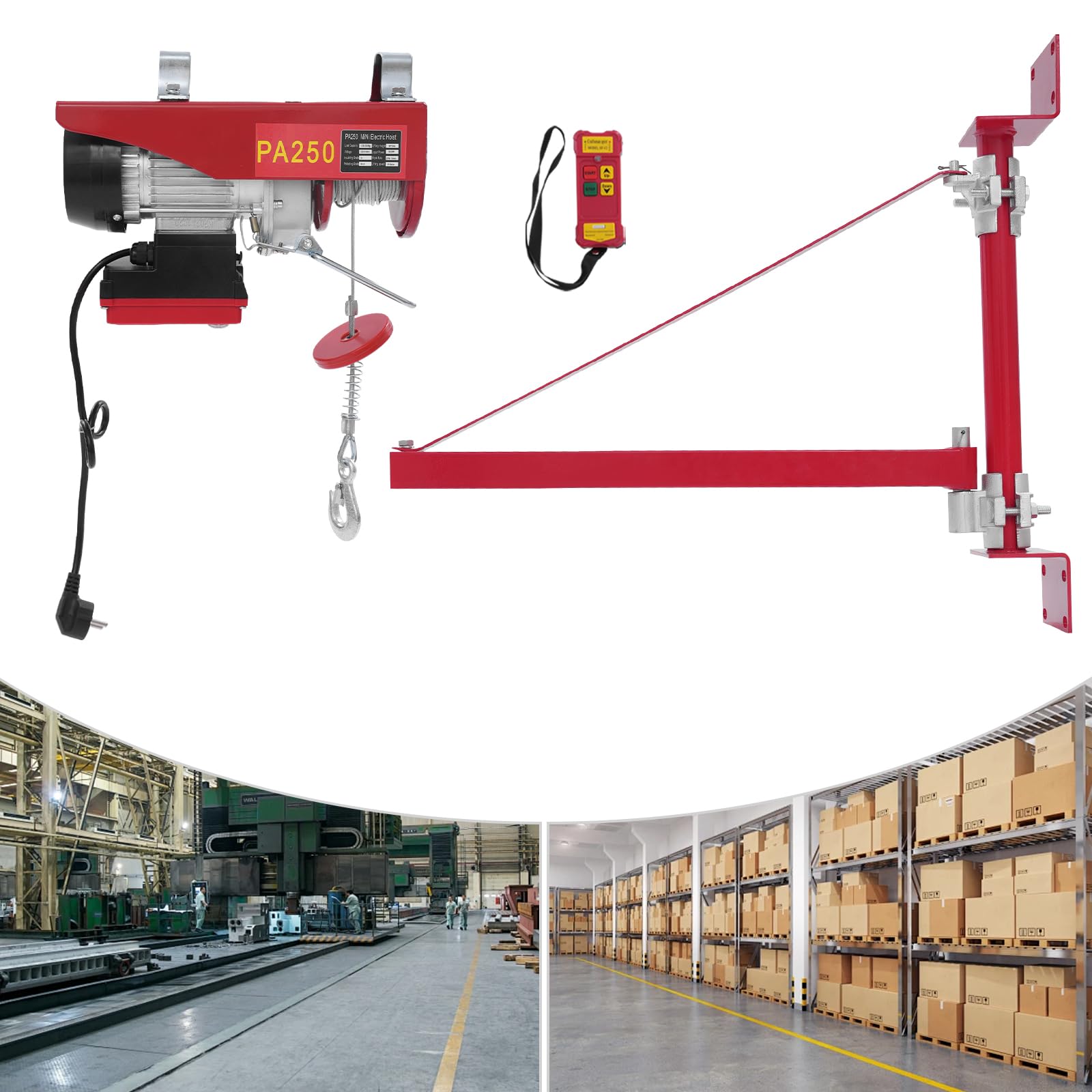 Cabrestante eléctrico, altura de elevación, 12 m, control inalámbrico, capacidad de carga de 250 kg, polipasto eléctrico para agricultura y obras - elevación segura de cargas (con brazo giratorio 3)