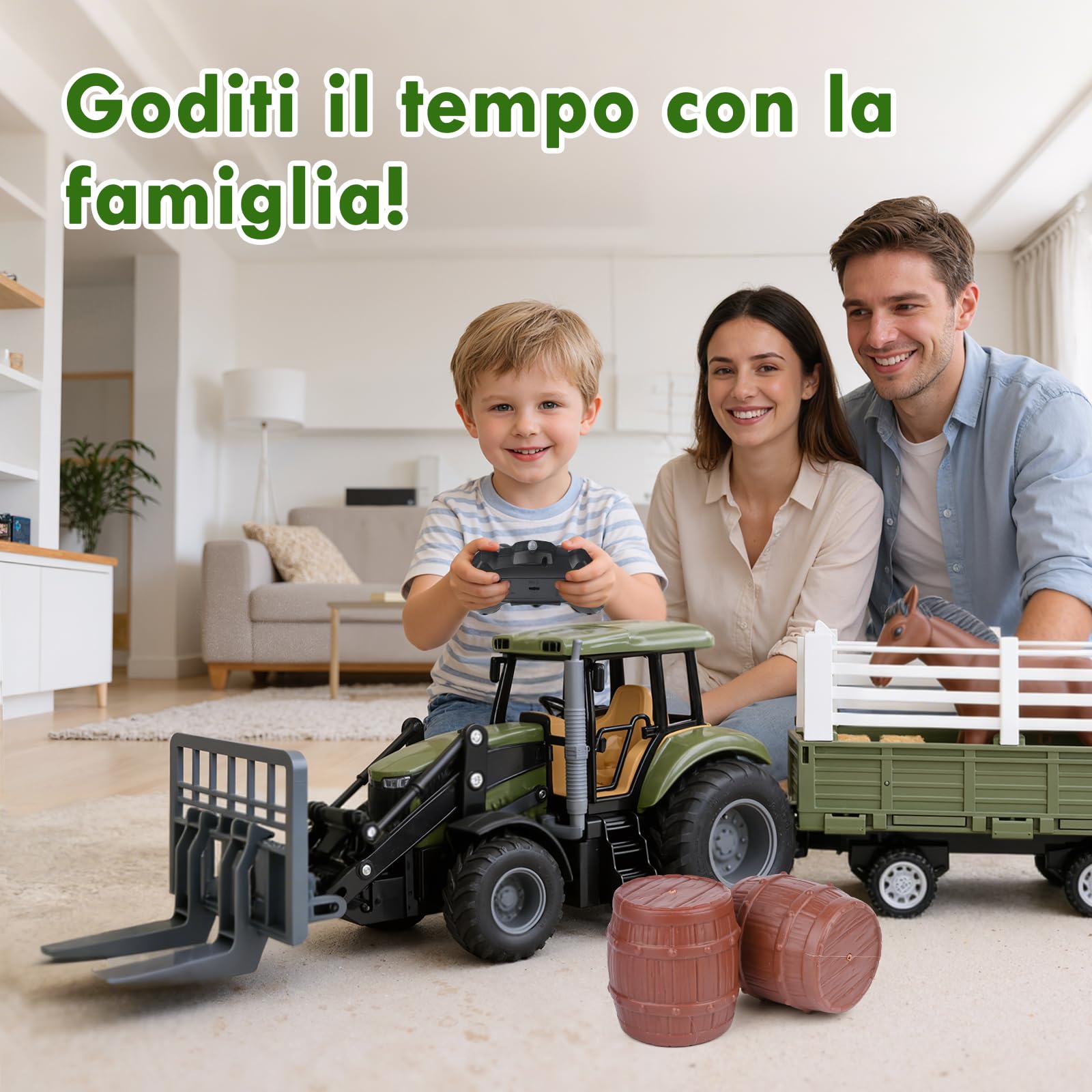 Trattore Telecomandato per Bambini, RC Trattore Telecomandato con Rimorchio, 2.4GHz Telecomando & App, 5x Fronte del Veicolo, Cavallo, Botte di Vino, Pagliaio, Giocattolo per Bambini da 3 Anni