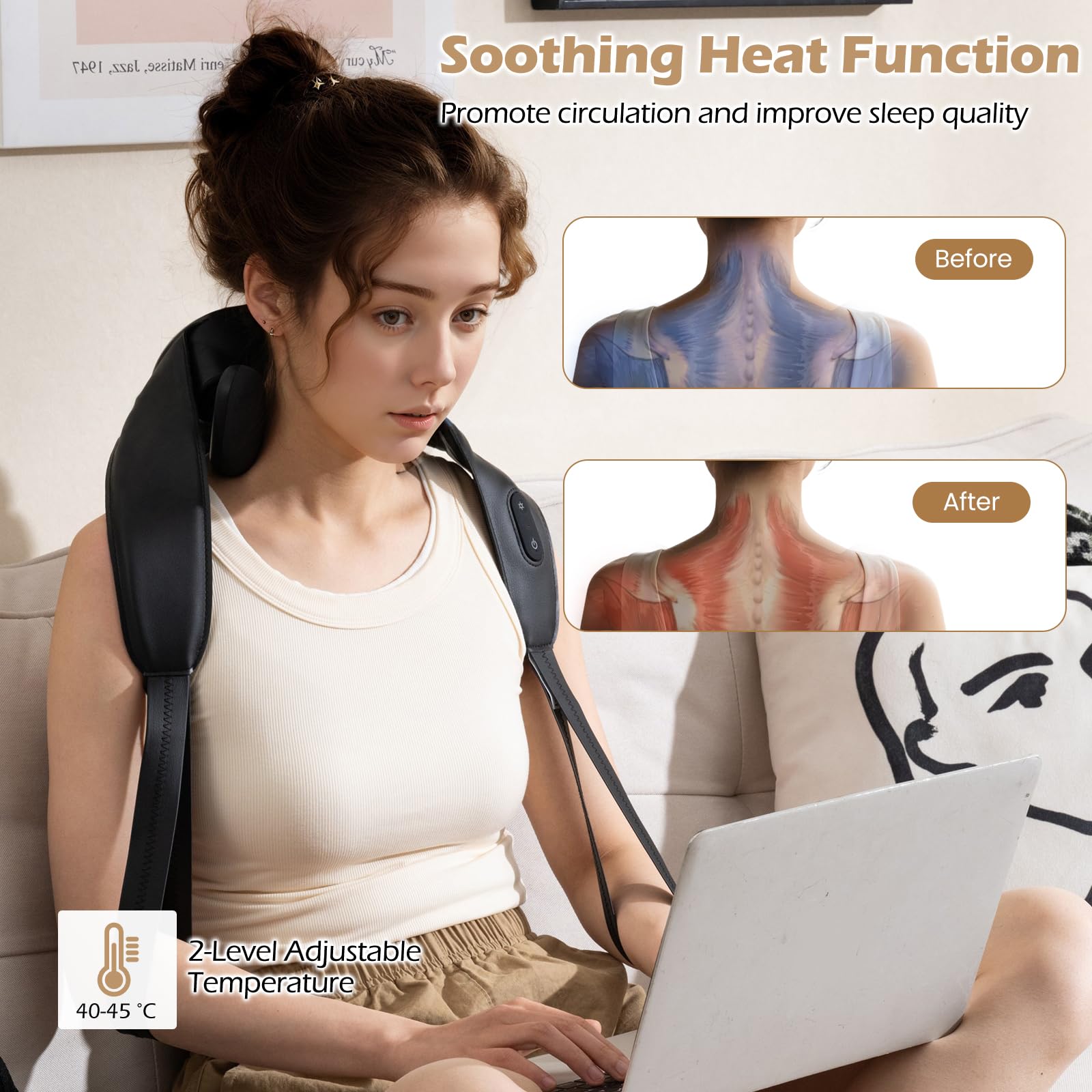 HOMASIS Masajeador de Cuello Inalámbrico con 2 Niveles de Calor, 4D Shiatsu Maseajor Cervical y Espalda con Masaje para Casa, Oficina y Coche Negro