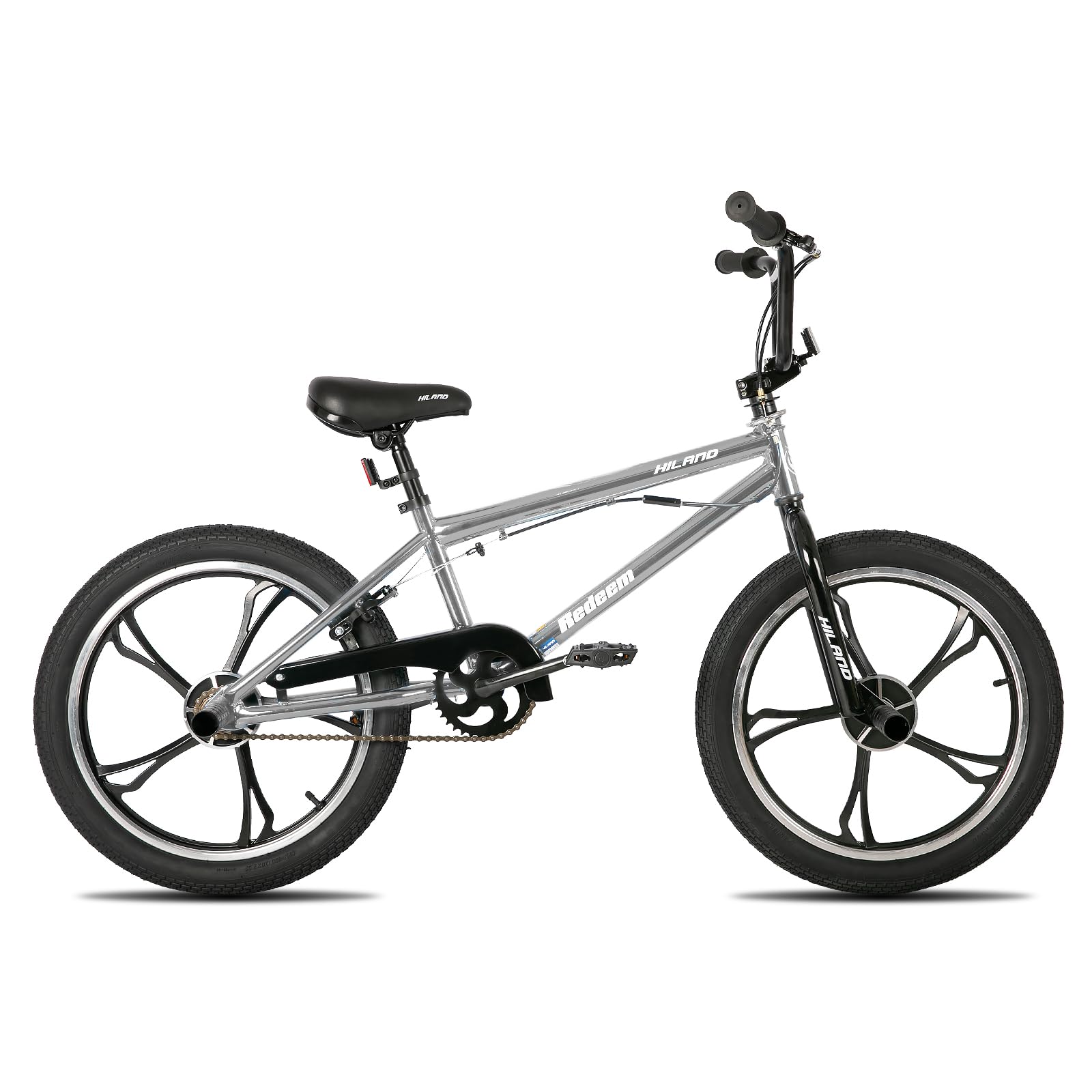 HILAND Bicicletta BMX da 20 pollici a 5 raggi, rotore da 360 gradi per stili Libero, bicicletta BMX a 4 perni per Allenamento e acrobazie, Argento