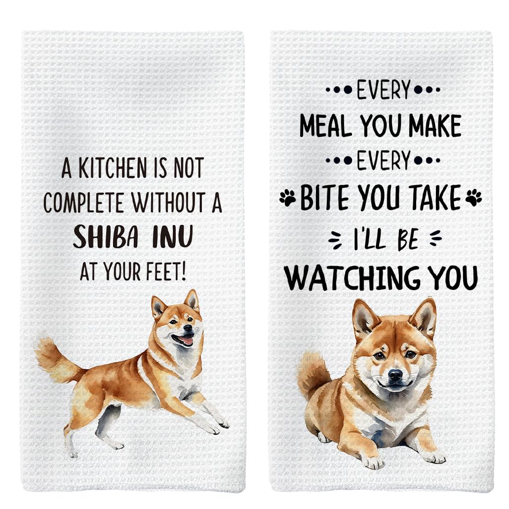 Tzhim Shiba Inu Kitchen Towels Set of 2, Super Absorbent Polyester, White, 16x24 inches