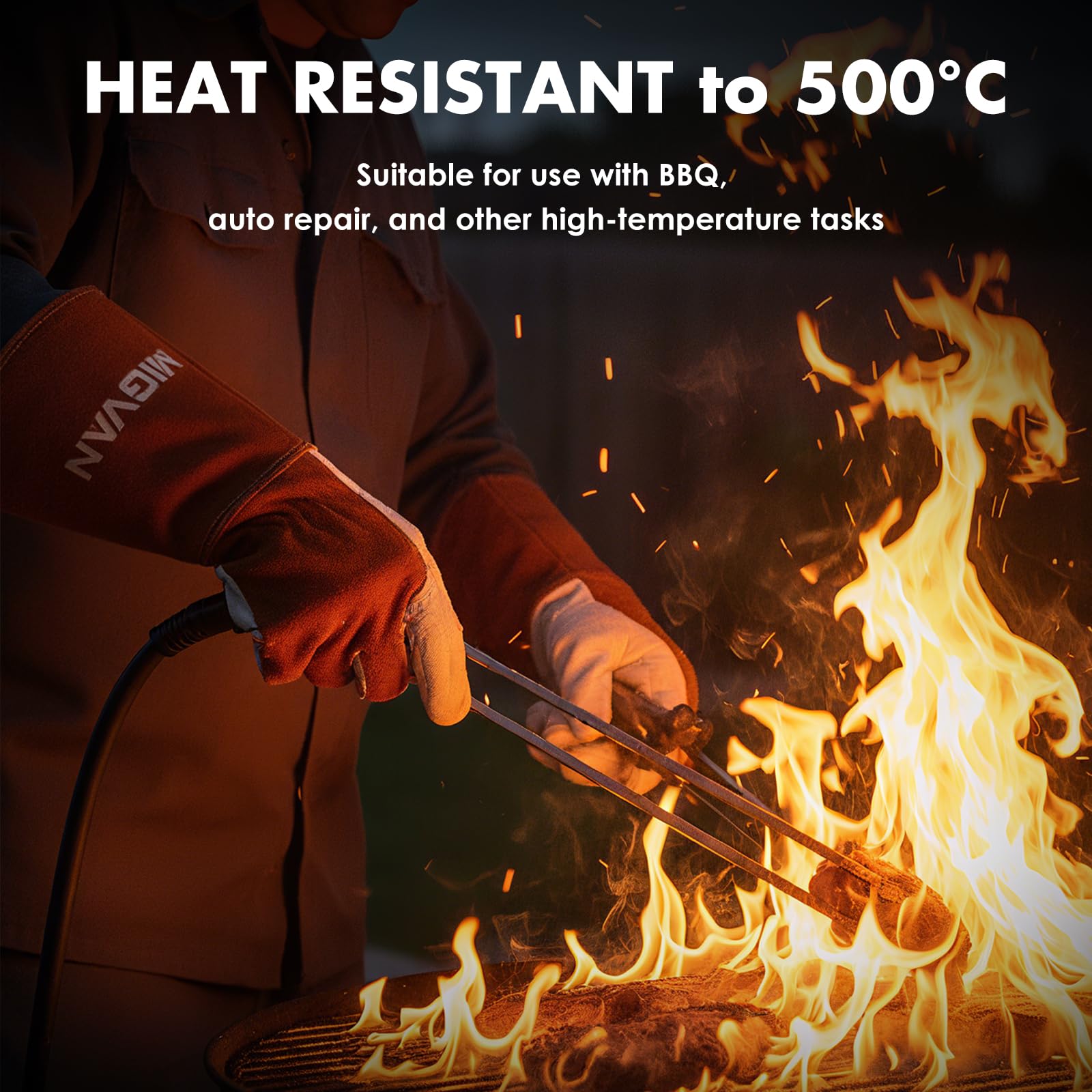 Guantes de soldadura de cuero vacuno – Guantes largos ignífugos para soldadura MIG/TIG, barbacoa, chimenea, horno y cocina – Resistentes al calor, unisex, talla M