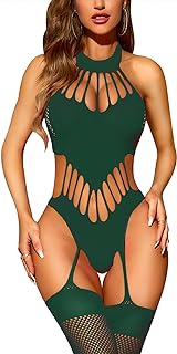 RSLOVE Women Fishnet Bodystocking Lingerie Sexy Footless Stockings Sleeveless Lace Bodysuit Halterneck One Piece Pantyhose