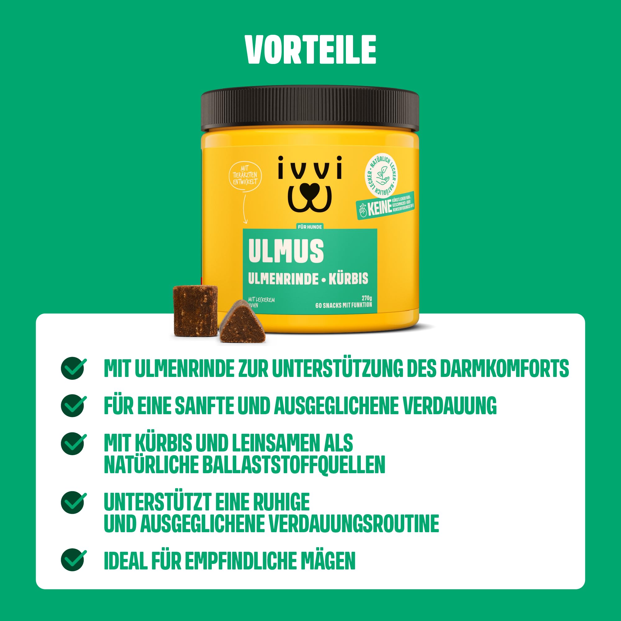 ivvi Ulmus für Hunde – Weiche Ulmenrinde Snacks mit Kürbis & Leinsamen – Verdauungssnacks mit 30% Huhn – Für Sensible Hunde & eine ausgewogene Verdauungsroutine – 270g, 60 Snacks