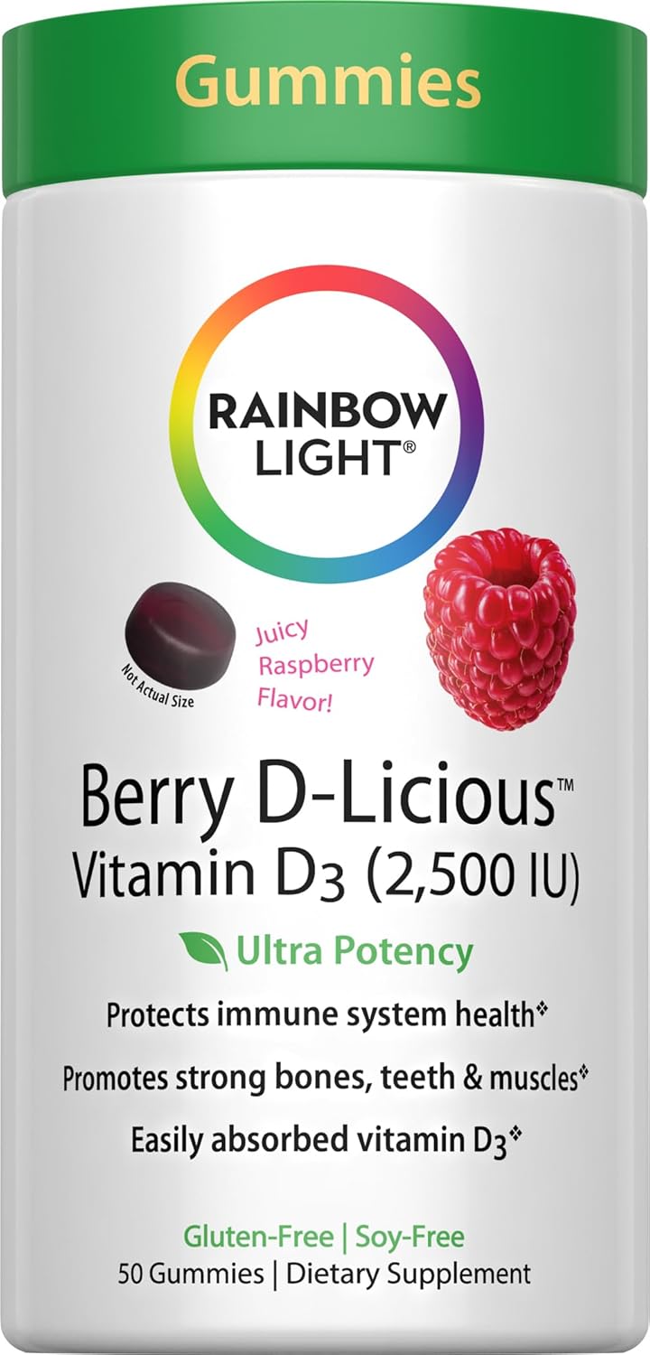 Rainbow Light – Berry D-Licious 2,500 IU Vitamin D3 Gummy – Ultra Potency Vitamin D Supplement Supports Bone and Muscle Strength, Calcium Absorption, and Circulatory Health; Gluten-Free – 50 Count