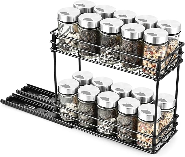 aceyoon 2 Tier Pull Out Spice Rack Stretchable to 26-42CM Seasoning Organizer Anti-rust Slide Out Spice Rack for inside Cupboard with 2 EVA pads and 3 hooks Cabinet Organizer for Kitchen (Black)
