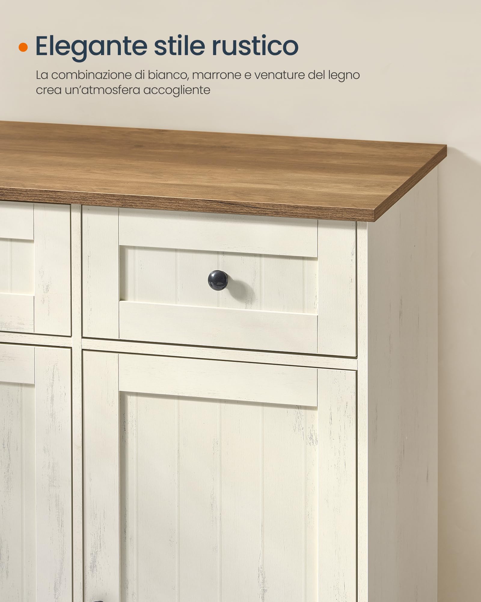 SONGMICS HOME Credenza Montaggio Rapido Senza Attrezzi Toolless, Montaggio Superveloce Senza Utensili, Mobile da Cucina con Piano, Buffet, Ripiani Regolabili, Bianco Vintage e Marrone Miele BBK376WJ02