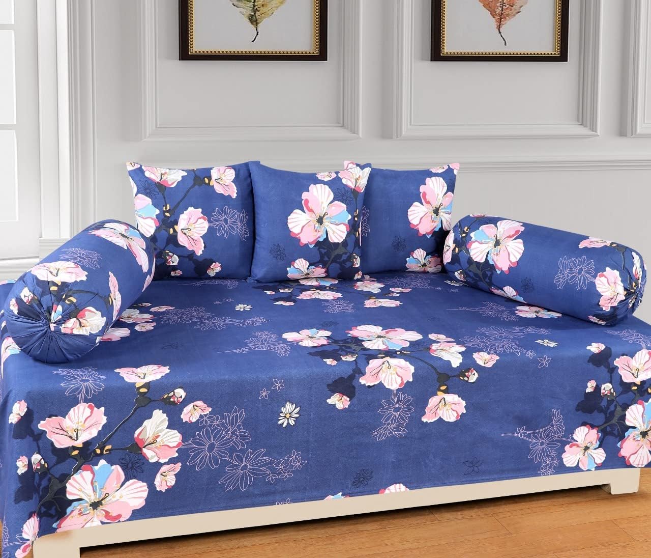 Floral Printed Diwan Set Covers Cotton Blue Flower Printed 8 Pieces Diwan Set (1 Single Bedsheet, 2 Bolster Covers, 5 Cushion Covers) (Blue - Pink Flower)-image-5
