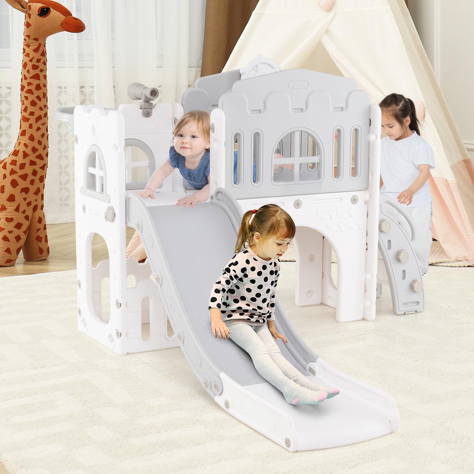 RELAX4LIFE 9 in 1 Scivolo per Bambini, Parco Giochi con Canestro da Basket, Scala da Arrampicata, Telescopio e Tunnel, Giochi Montessori per Bambini 1 Anni + (Classico, Bianco+Grigio)