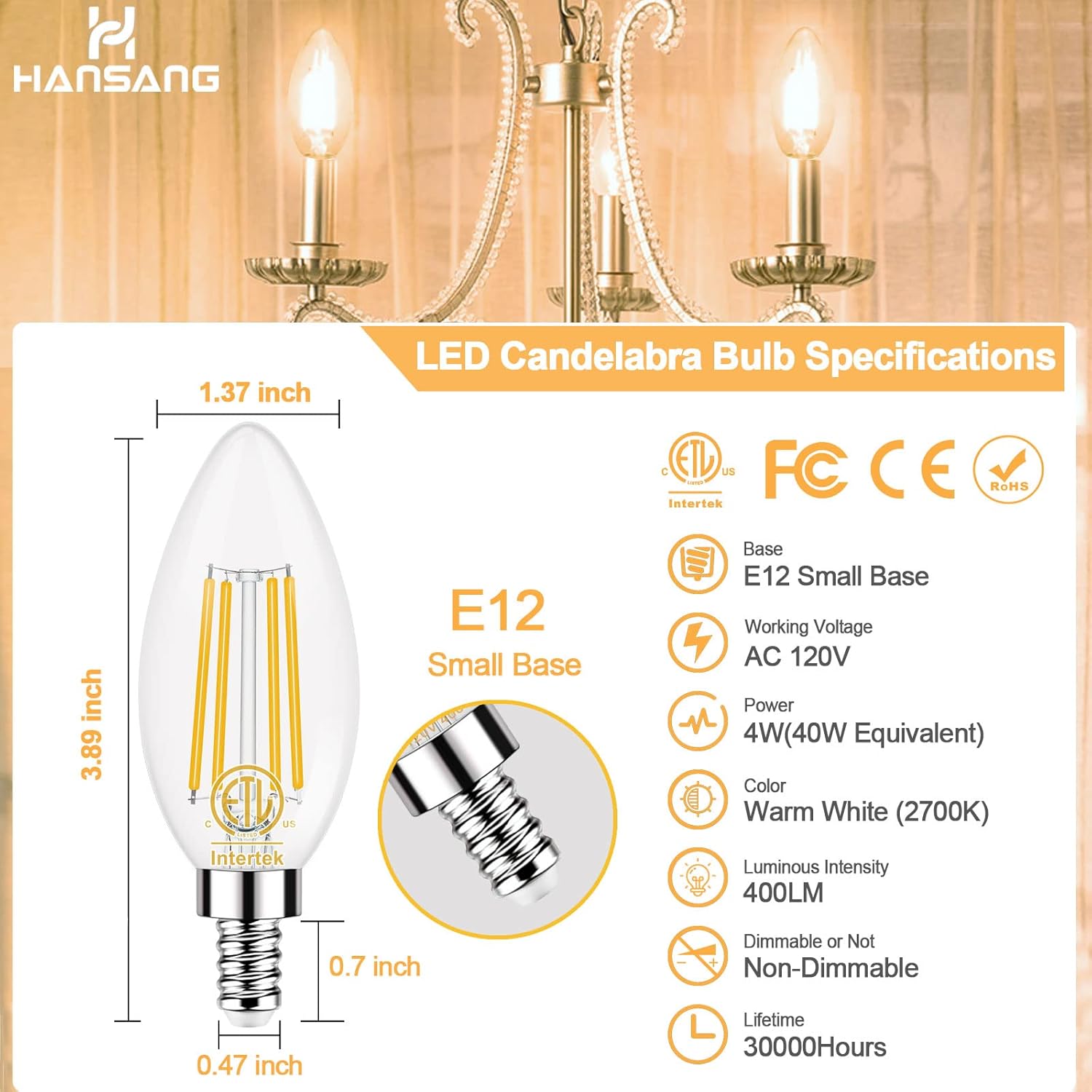 hansang E12 LED Candelabra Bulb 2700K Warm White, 40W Equivalent Type B Light Bulbs, 4W Candle Shape B11 Bulb for Chandelier, LED Filament with Clear Glass, 120V, 400LM, 6 Pack, Non-dimmable