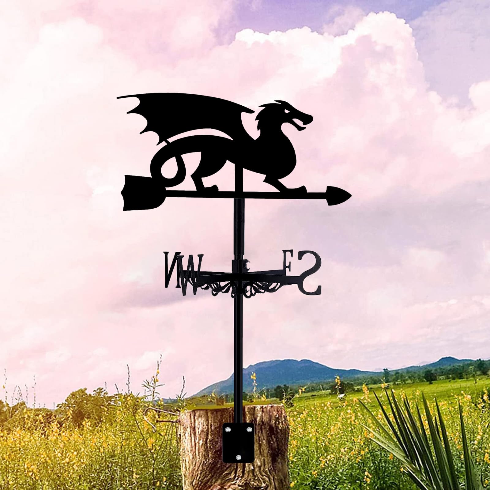 Stainless Steel Weathervanes Vintage Magic Dragon Shape Weather Vane Metal Wind Direction Decoration Roof Installation Wind Vane Farm Scene Garden Art Deco with Metal Bracket Vintage Decor
