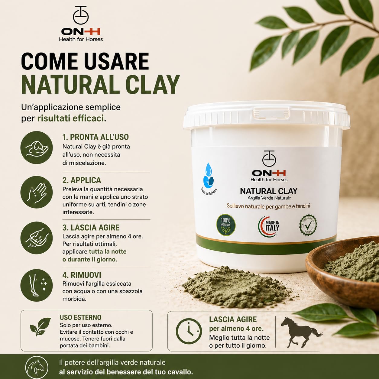 ON-H Natural Clay Argilla Verde per Cavalli 3 kg | Impacco Naturale per Muscoli, Tendini e Articolazioni | Effetto Rinfrescante | Ideale Dopo Allenamento, Gara e Lavoro Intenso Cavallo Sportivo