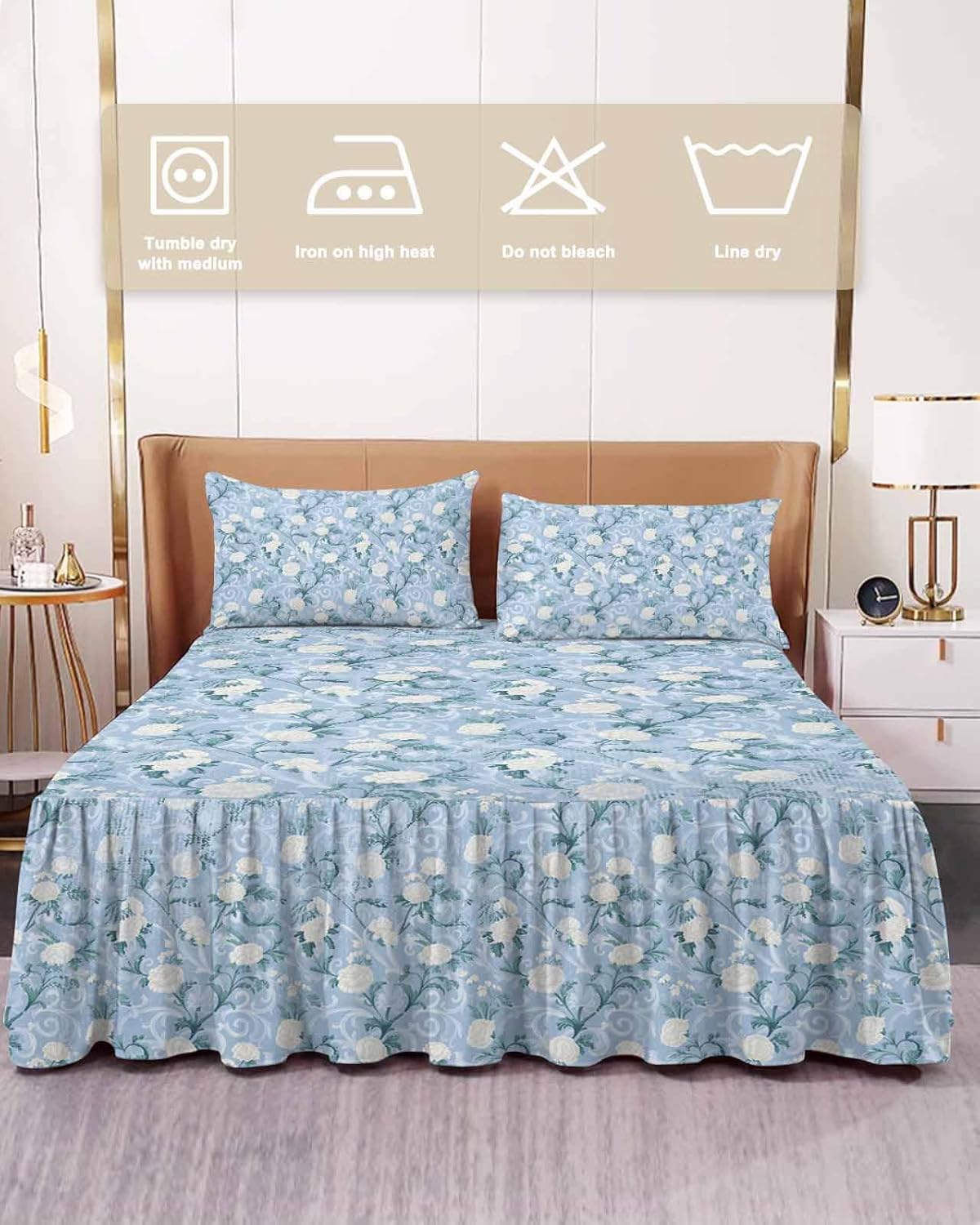 Bed Skirt for Full Size Bed 18 Inches Drop Blue Floral Ruffled Bedding Sheet Sets Soft Bedspread Retro Camellias Flowers Wrap Around Bed Skirt Sheet Set with 2 Pillowcases for Bedroom All Season 54x75