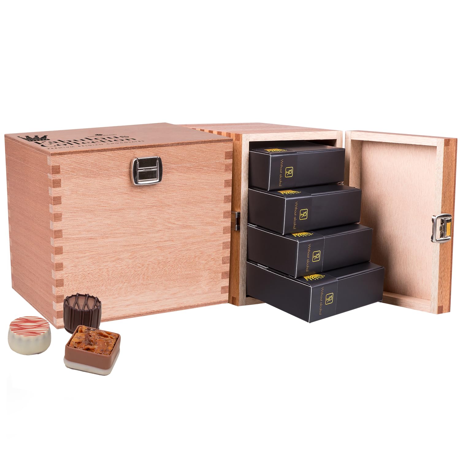 CHOCOLISSIMO - Schokolade Geschenk - Pralinen Geschenk - 40 Stk in einem Holzschatzkästchen, ohne Alkohol - Geschenkidee Frauen, Männer, Mutter, Mama, Papa, Muttertag, Vatertag, alkoholfrei - Fabulous