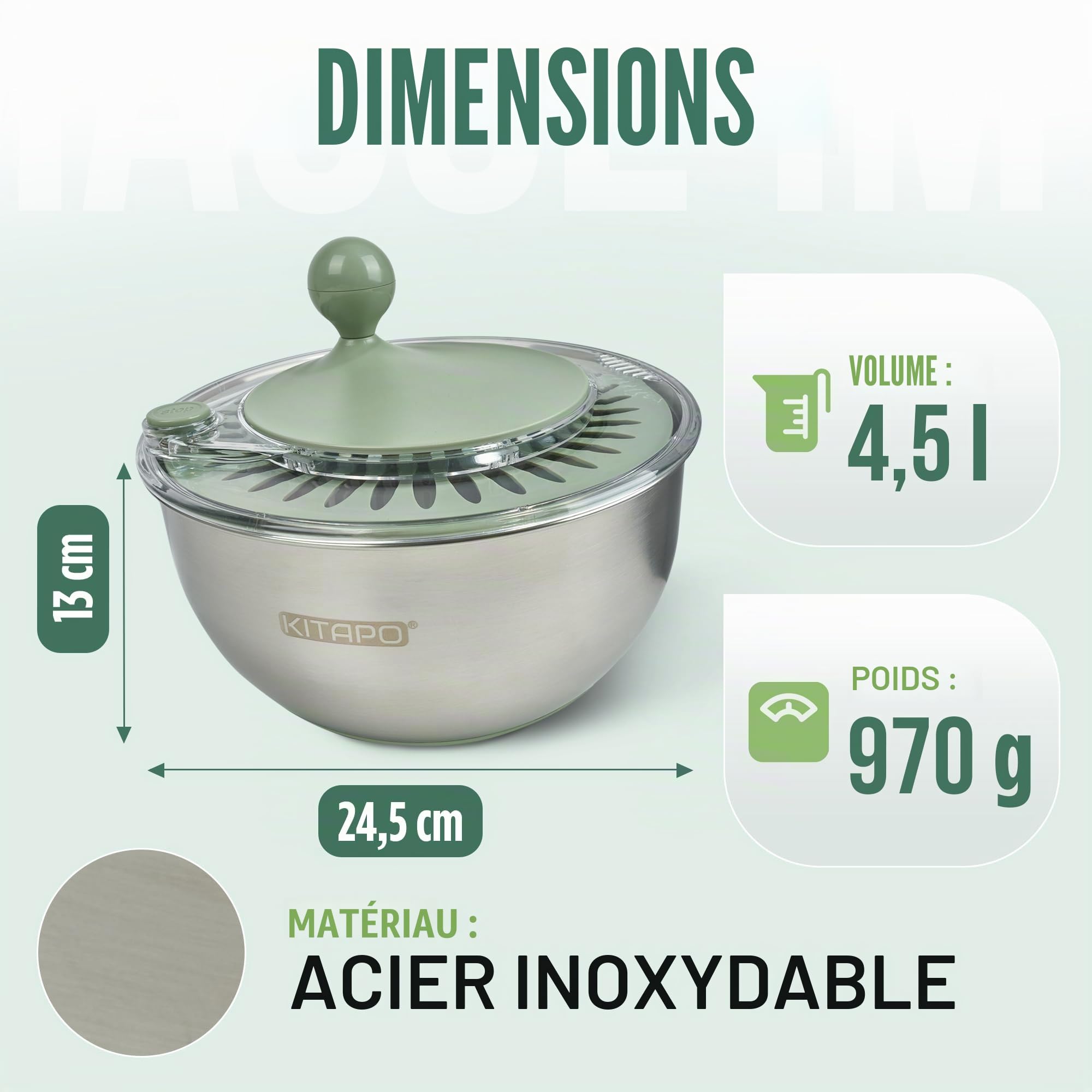 Essoreuse à salade en acier inoxydable avec entraînement à manivelle [bol de service 2 en 1] 4,5 l [sortie d'eau, passe au lave-vaisselle, antidérapant] Salad Spinner Essoreuse à fruits
