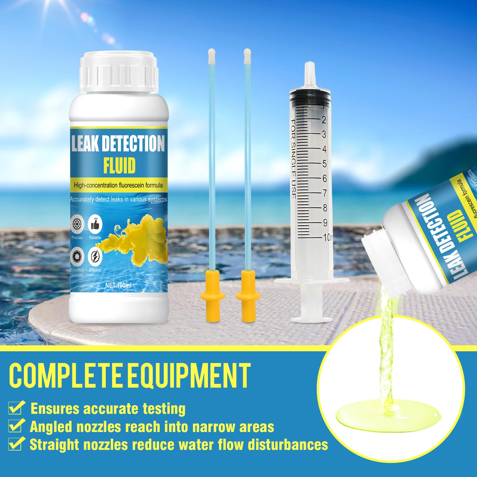 Colorant Fuite Piscine, Détecteur Fuite Piscine, Fluorescéine Forte, Solubilité dans l'Eau