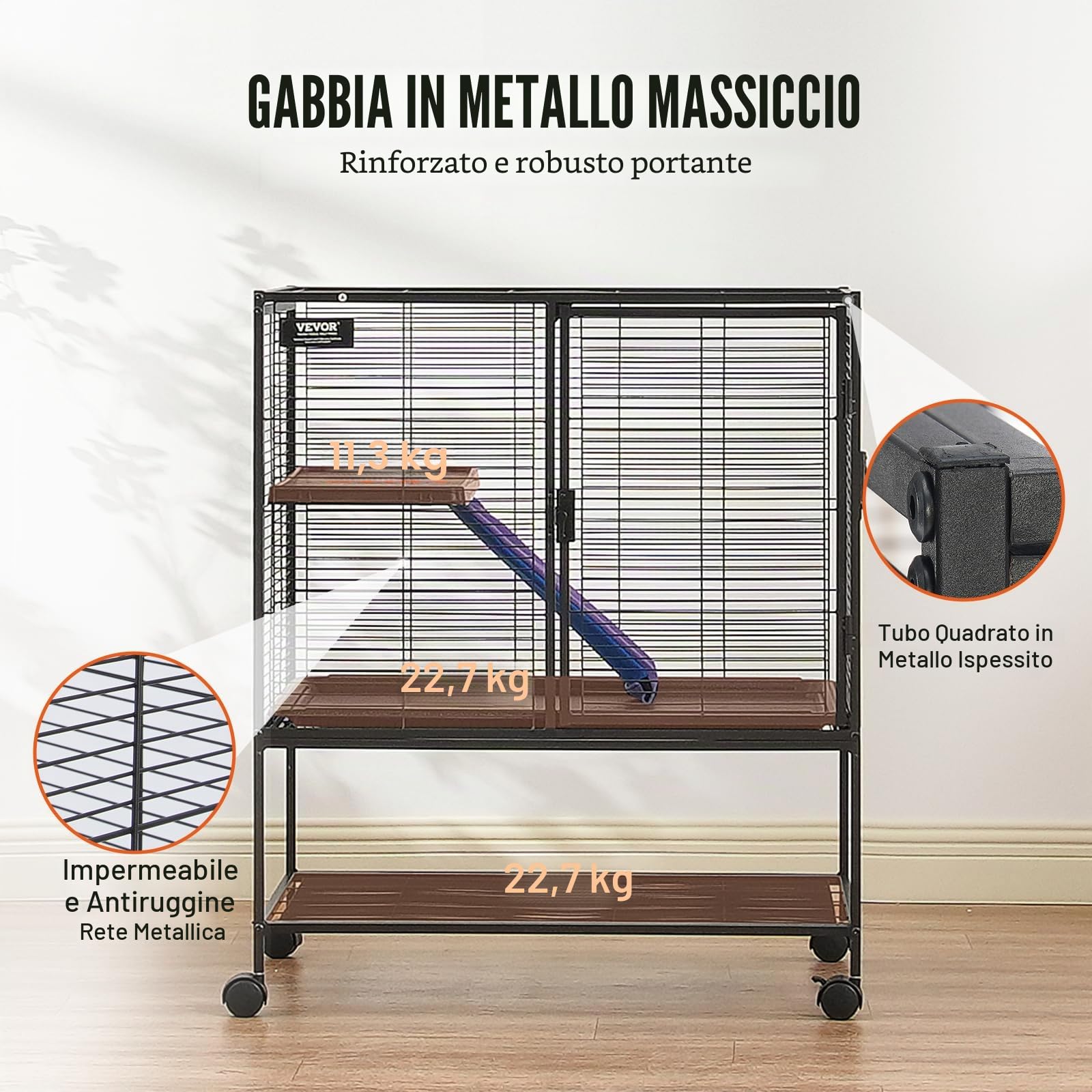 VEVOR Gabbia per Animali in Metallo Rotelle 920 mm, Grande Gabbia a 2 Livelli, Facile Installare Gabbia per Animali con Rampe e Vassoio, Ruote Bloccabili, Ampio Ripiano di Stoccaggio