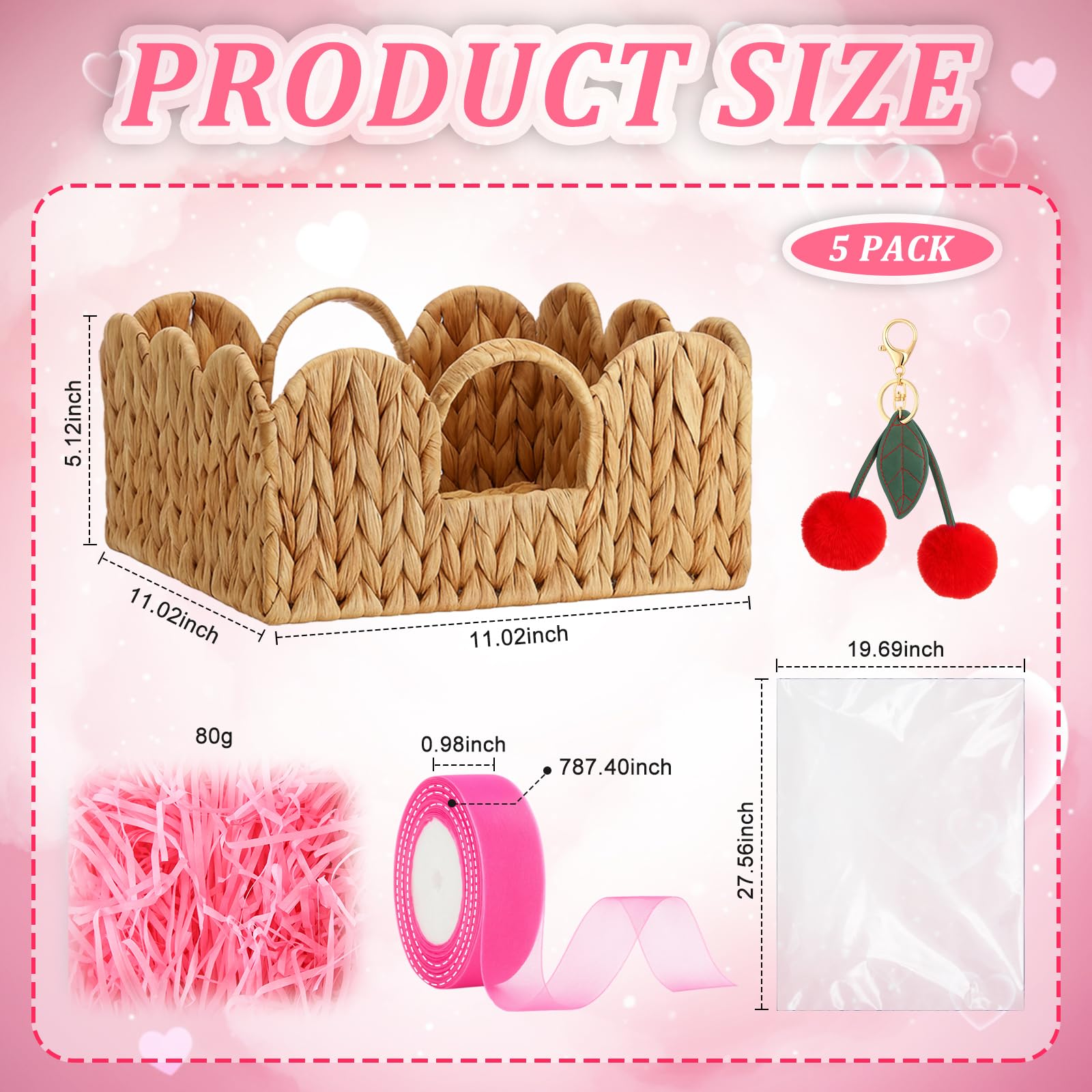 FoldTier 5 piccoli cesti regalo vuoti in tessuto con sacchetti regalo e nastri, ciondolo in rafia a forma di ciliegia, 28 x 28 x 13 cm, cestino portaoggetti per San Valentino, galentino, compleanno