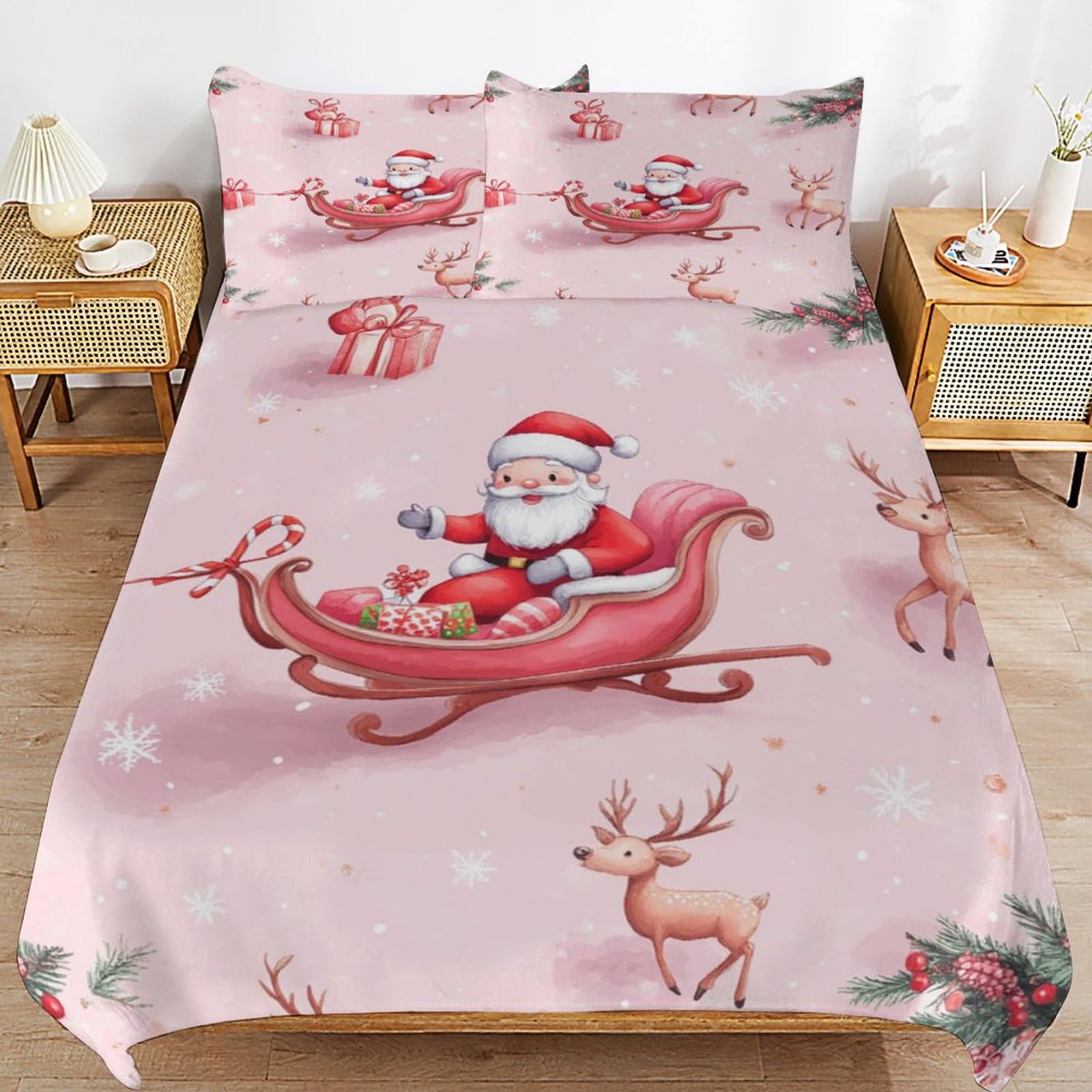 Housse de couette 220 x 240 cm Père Noël parure lit 3 pièces enfant