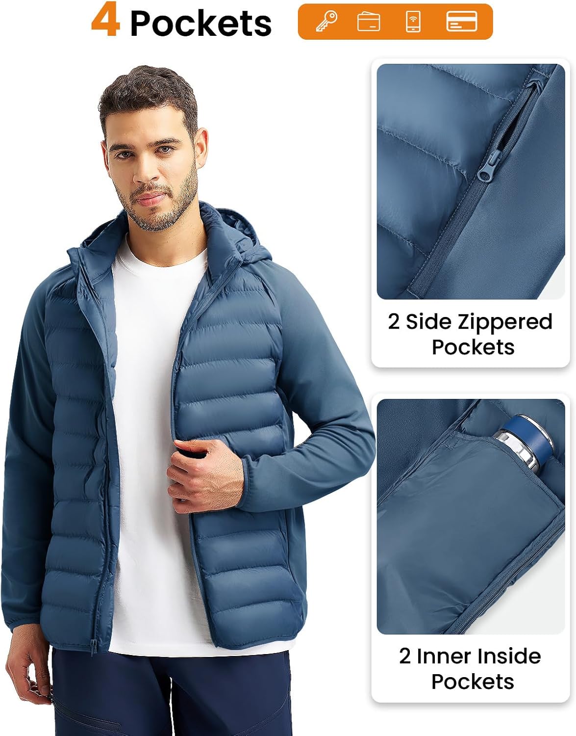 Rdruko Men's Insulated Running Jacket Hybrid Lightweight Puffer Jacket Detachable Hood Warm Winter Coat Hiking Golf - Image 6