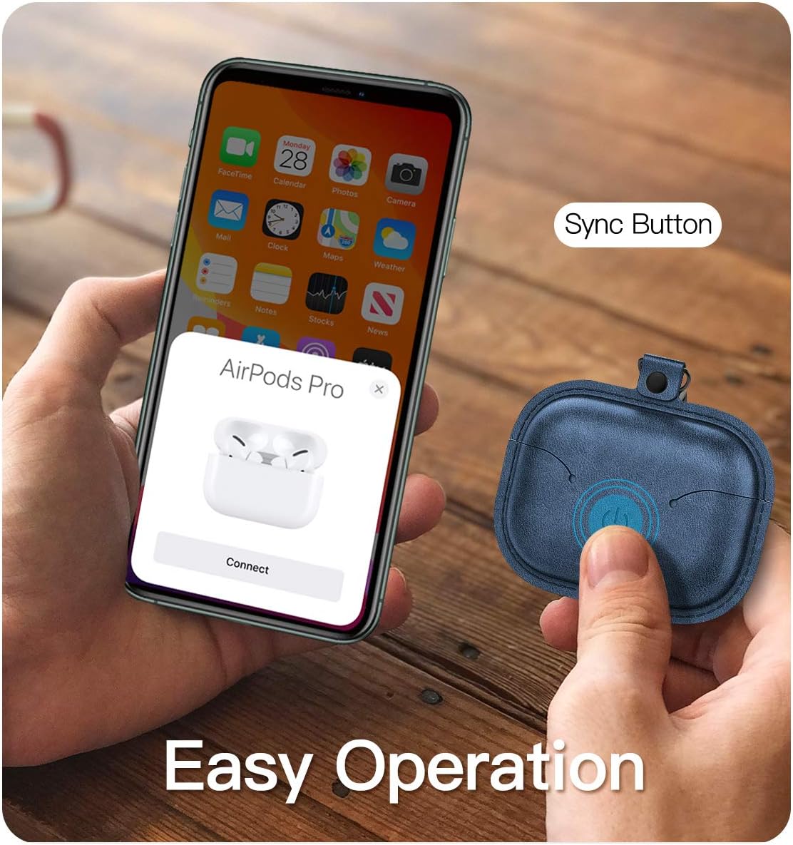 MoKo Case Fit AirPods Pro 2019, [Visible Front LED] PU Leather Vintage Style Snap Closure Protective Cover Carrying Pouch Pocket with Keychain for Apple Airpods Pro Wireless Charging Box - Dark Blue