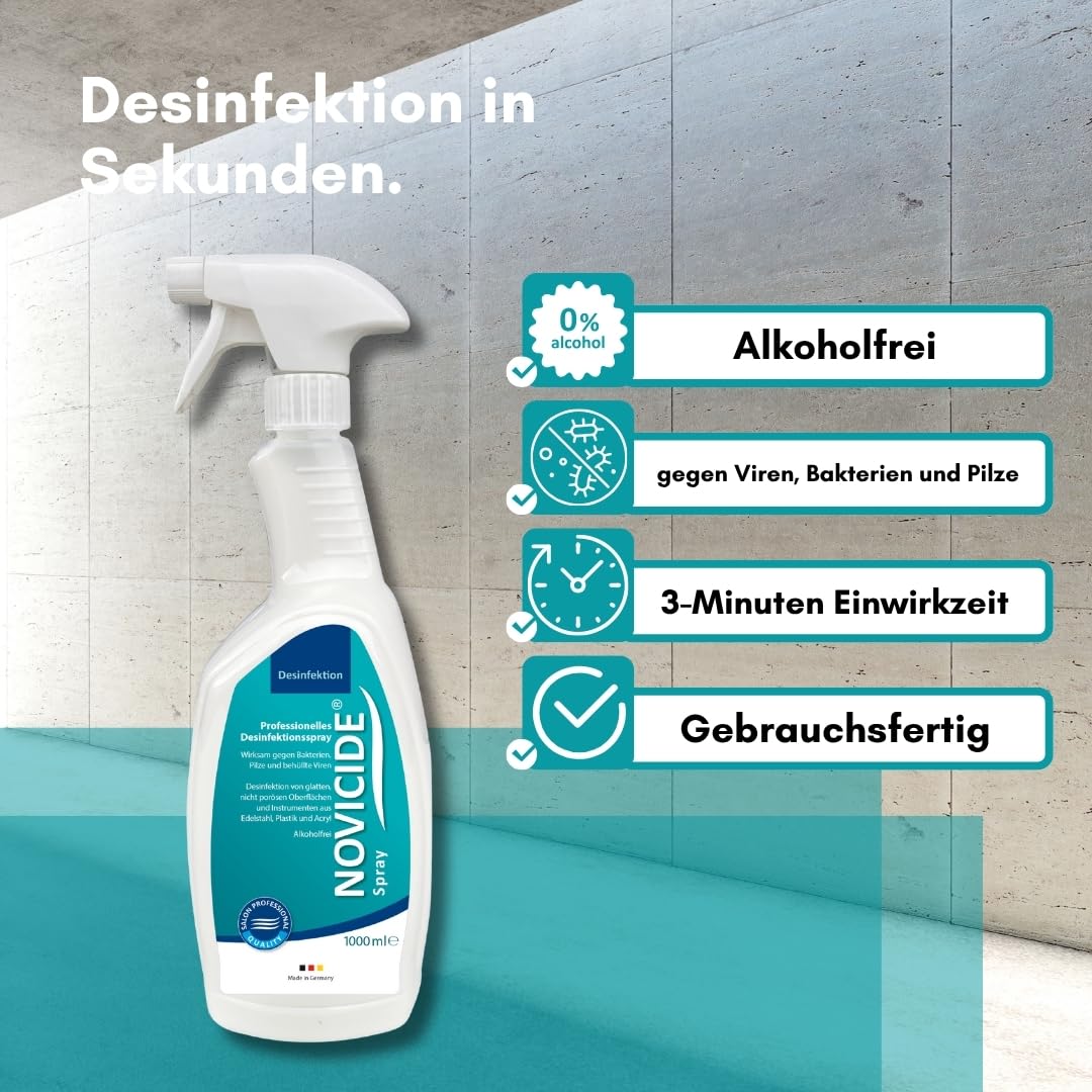Desinfektionsspray 1L Flächendesinfektionsmittel alkoholfrei | Gebrauchsfertig, keine Mischung nötig. 3 Min. Einwirkzeit, hinterlässt keine Schlieren oder Rückstände.