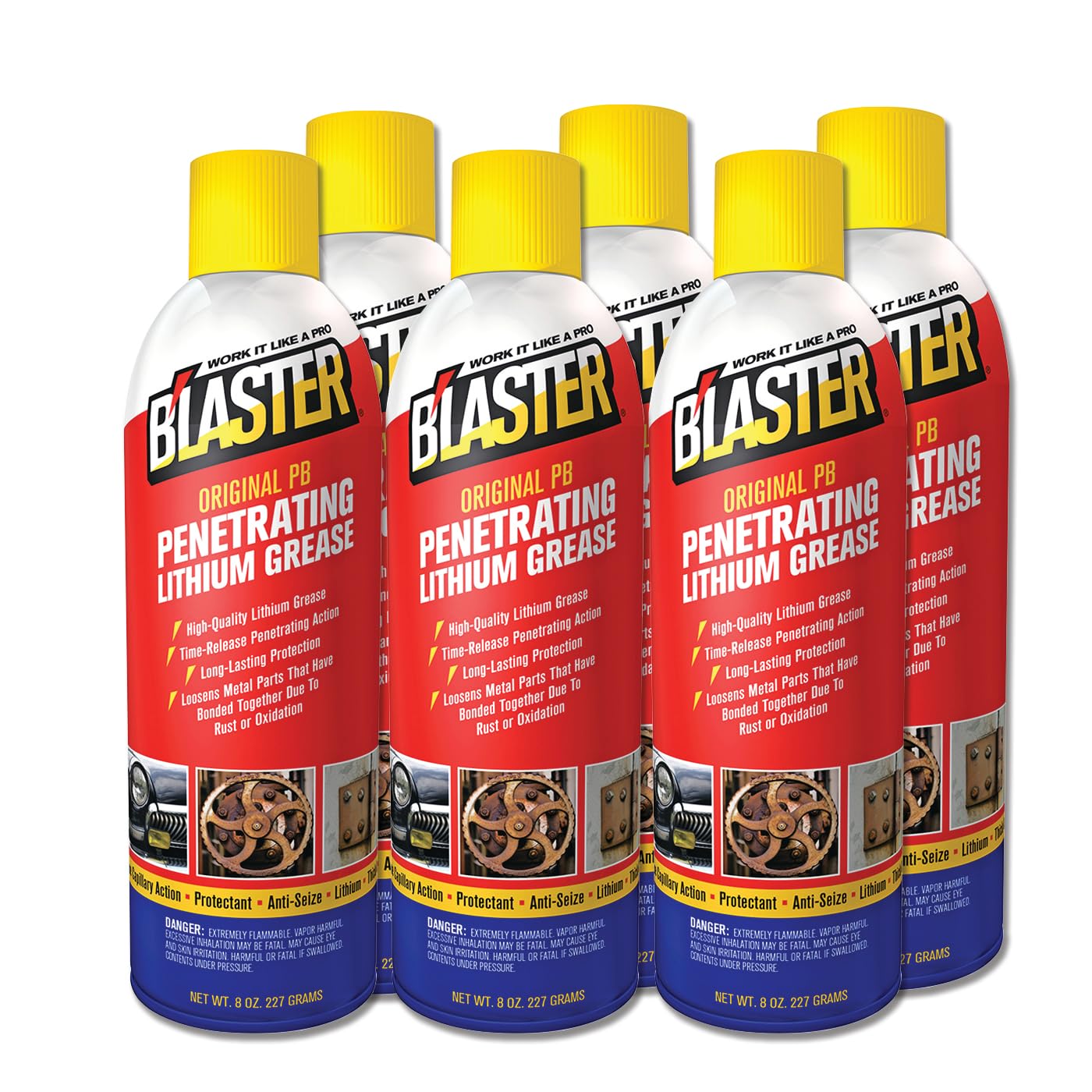 B'laster Original PB Penetrating Lithium Grease, Lubricates, Penetrates, and Protects from Rust and Corrosion, 8 Ounces, Pack of 6