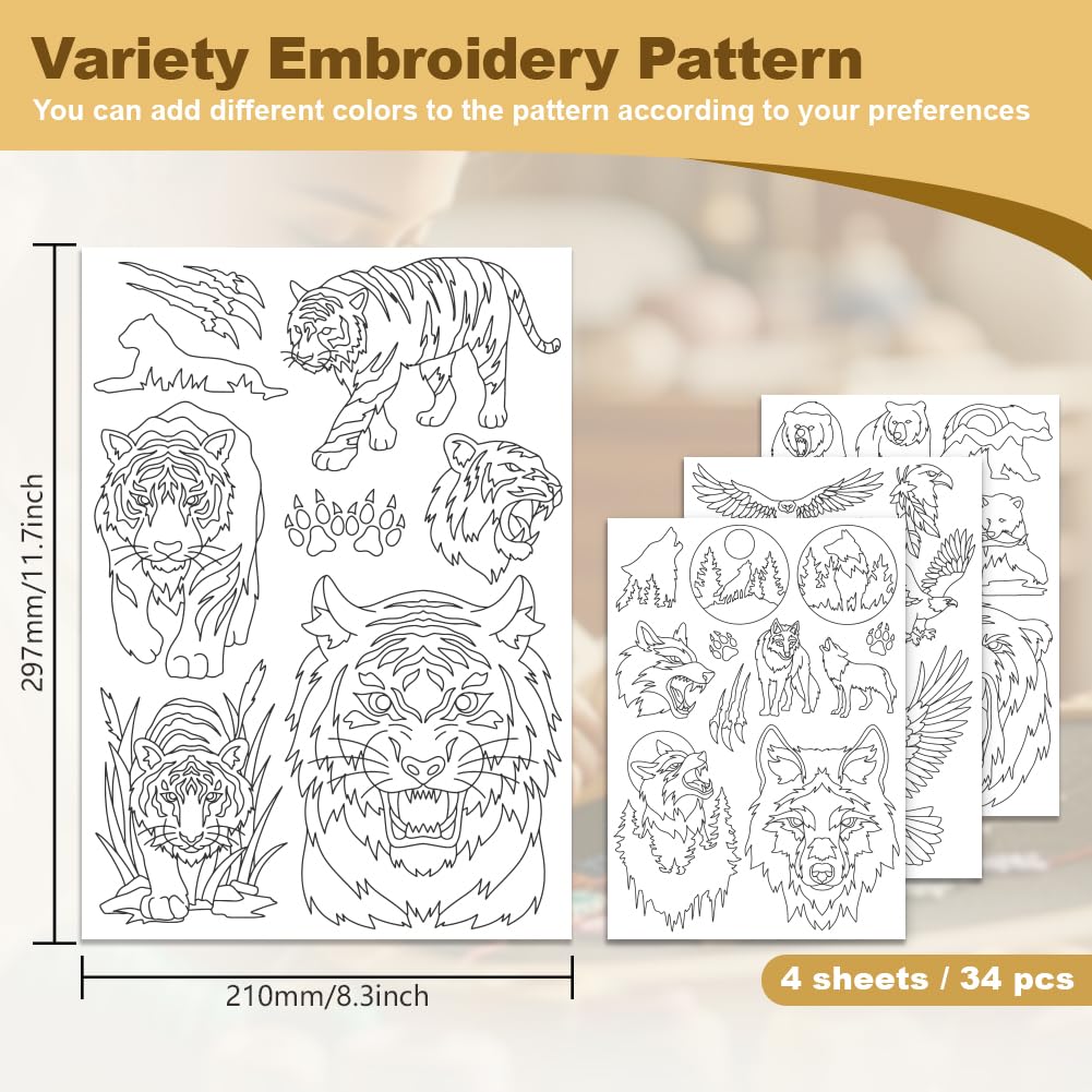 DOODLREAM 34Pcs Animal Bear Tiger Water Soluble Hand Sewing Stabilizers, 8.3