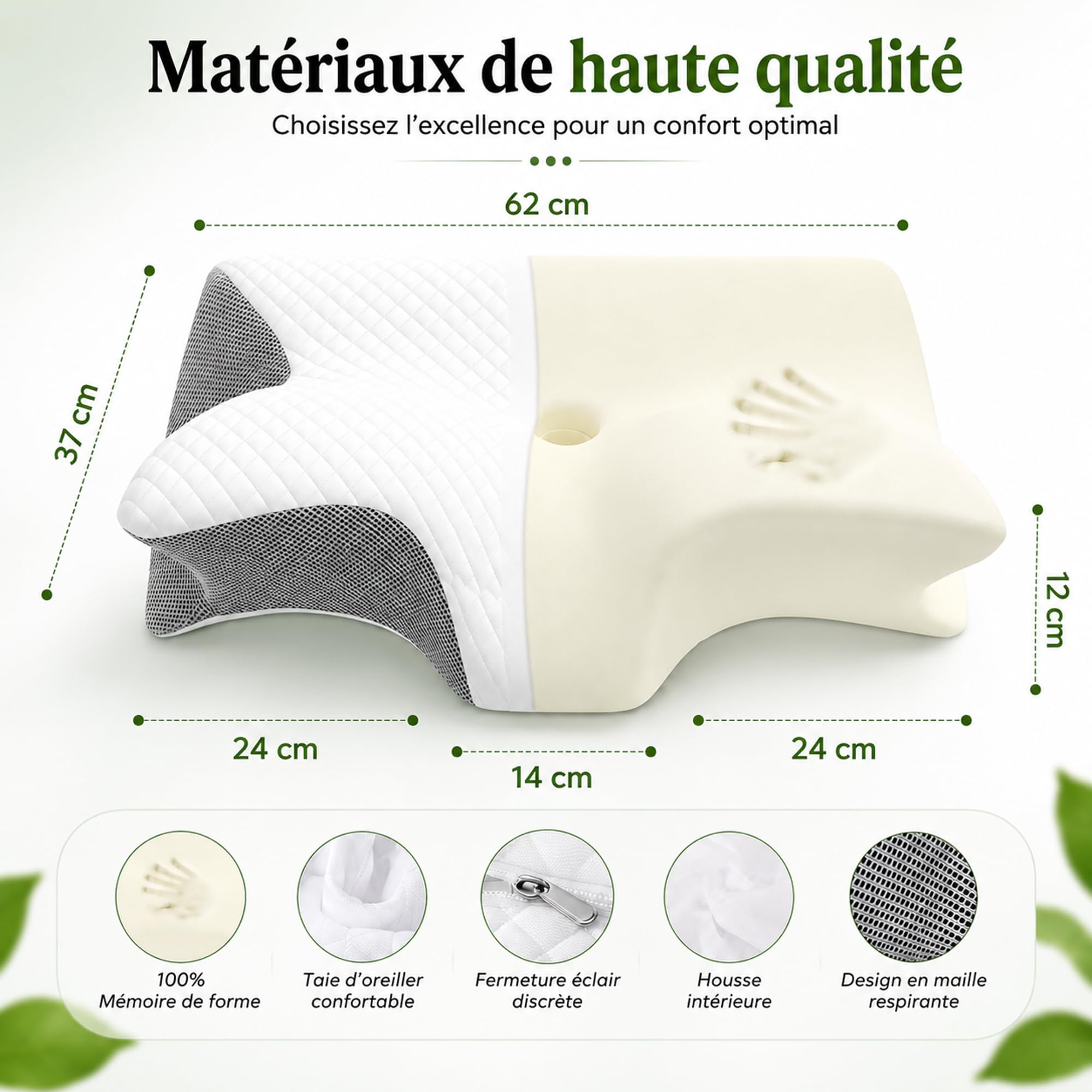 ByDar Oreiller Hanna 2 en 1 - Cervical Ergonomique, Mousse Mémoire de Forme, Orthopédique, Soutien Cou et Nuque, 2 Housses Lavables, pour Dormir Dos, Côté et Ventre