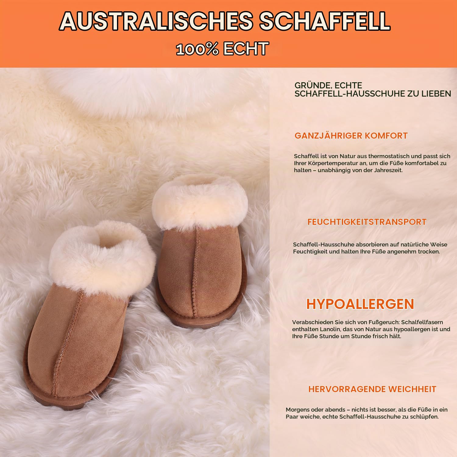 MYLUNE HOME Echte Lammfell Hausschuhe für Damen - Flauschige Warme Pantoffeln Winter Plüsch Schaffell Slipper Leder Wolle Braun - Geschenk für Frauen